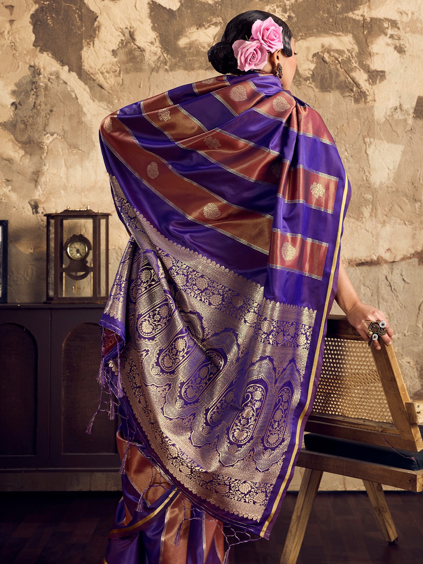 Women's Satin Purple Woven Design Designer Saree With Blouse Piece