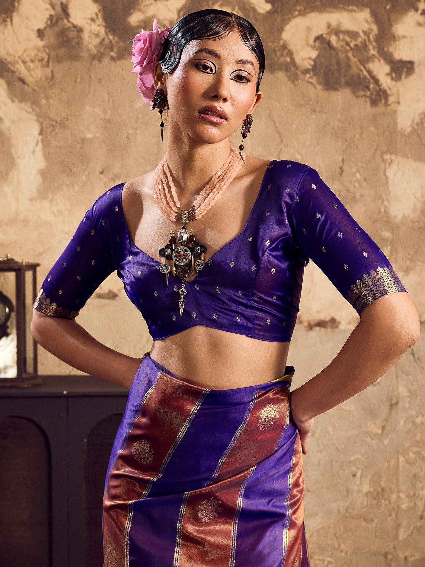 Women's Satin Purple Woven Design Designer Saree With Blouse Piece