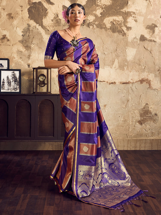 Women's Satin Purple Woven Design Designer Saree With Blouse Piece