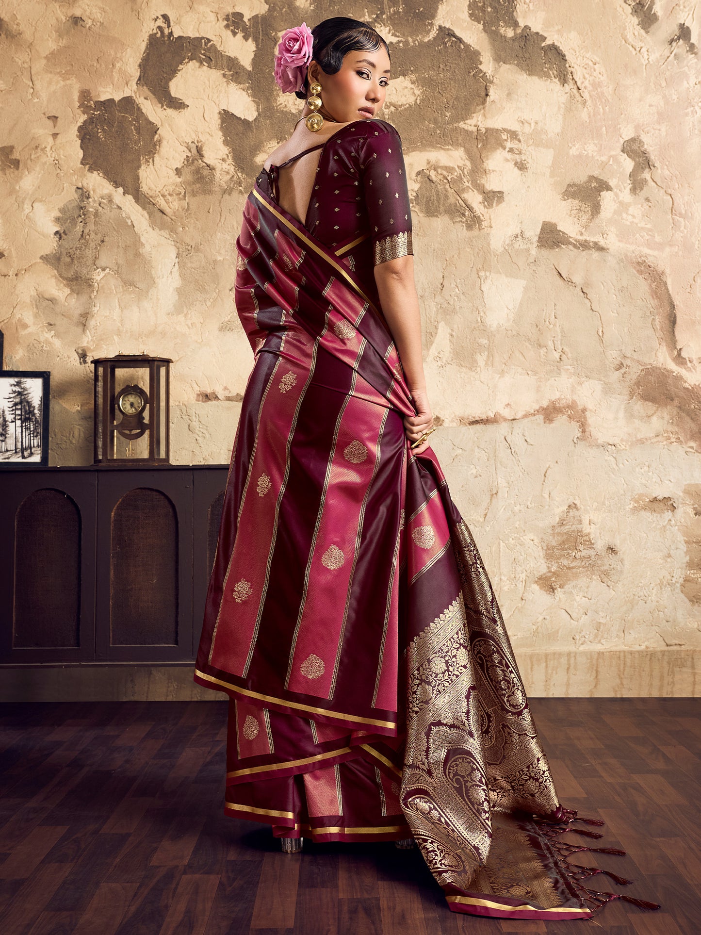 Women's Satin Wine Woven Design Designer Saree With Blouse Piece