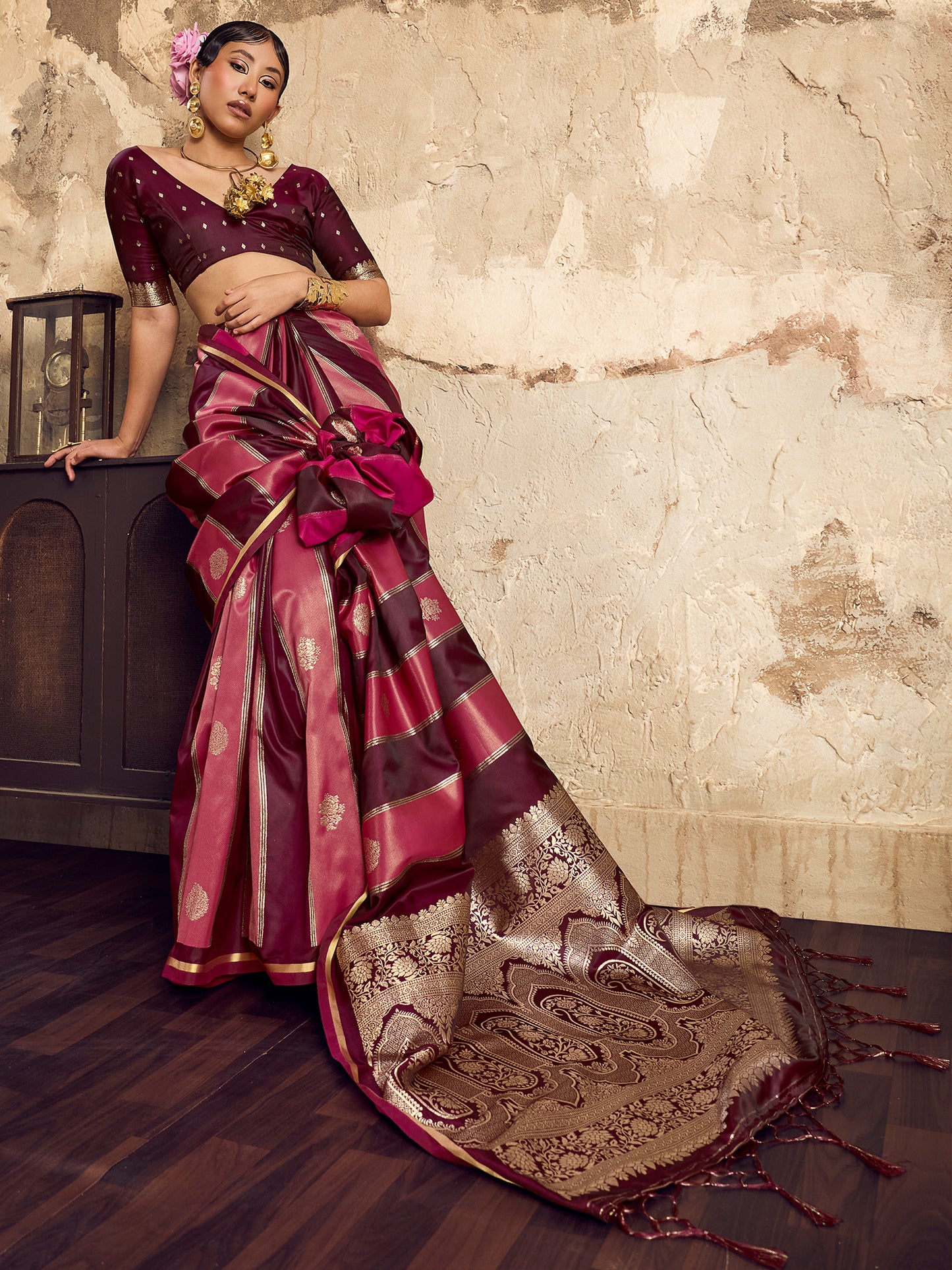 Women's Satin Wine Woven Design Designer Saree With Blouse Piece
