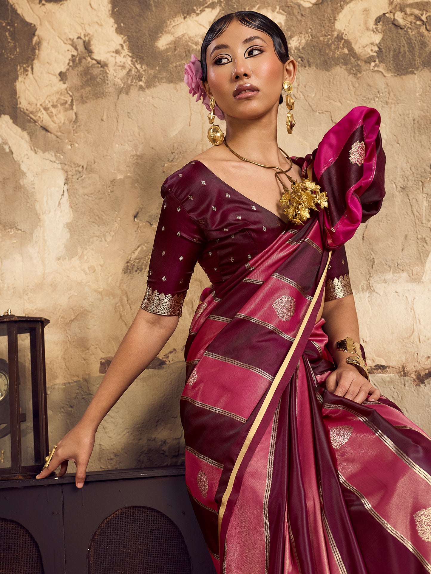 Women's Satin Wine Woven Design Designer Saree With Blouse Piece
