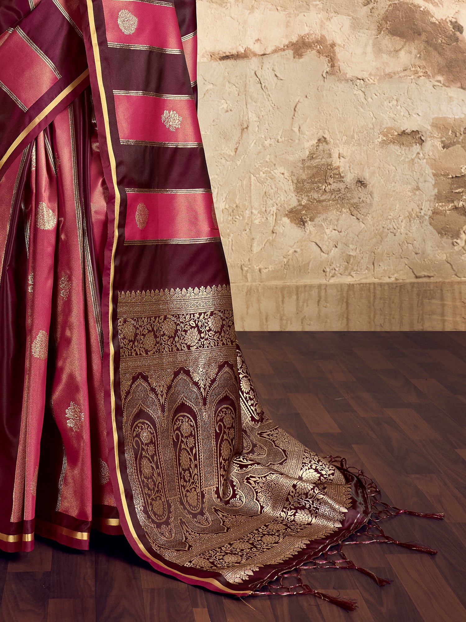 Women's Satin Wine Woven Design Designer Saree With Blouse Piece