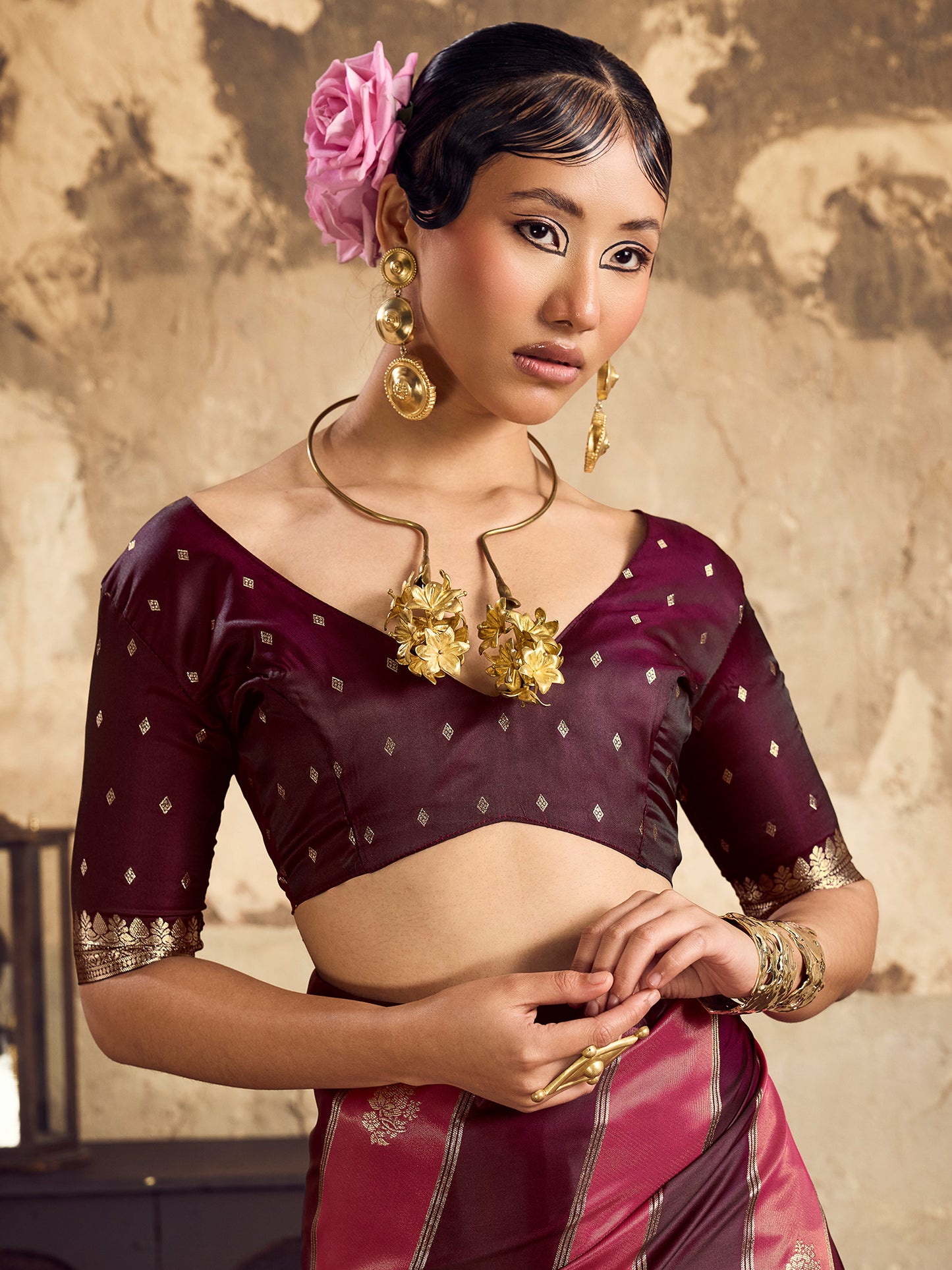 Women's Satin Wine Woven Design Designer Saree With Blouse Piece