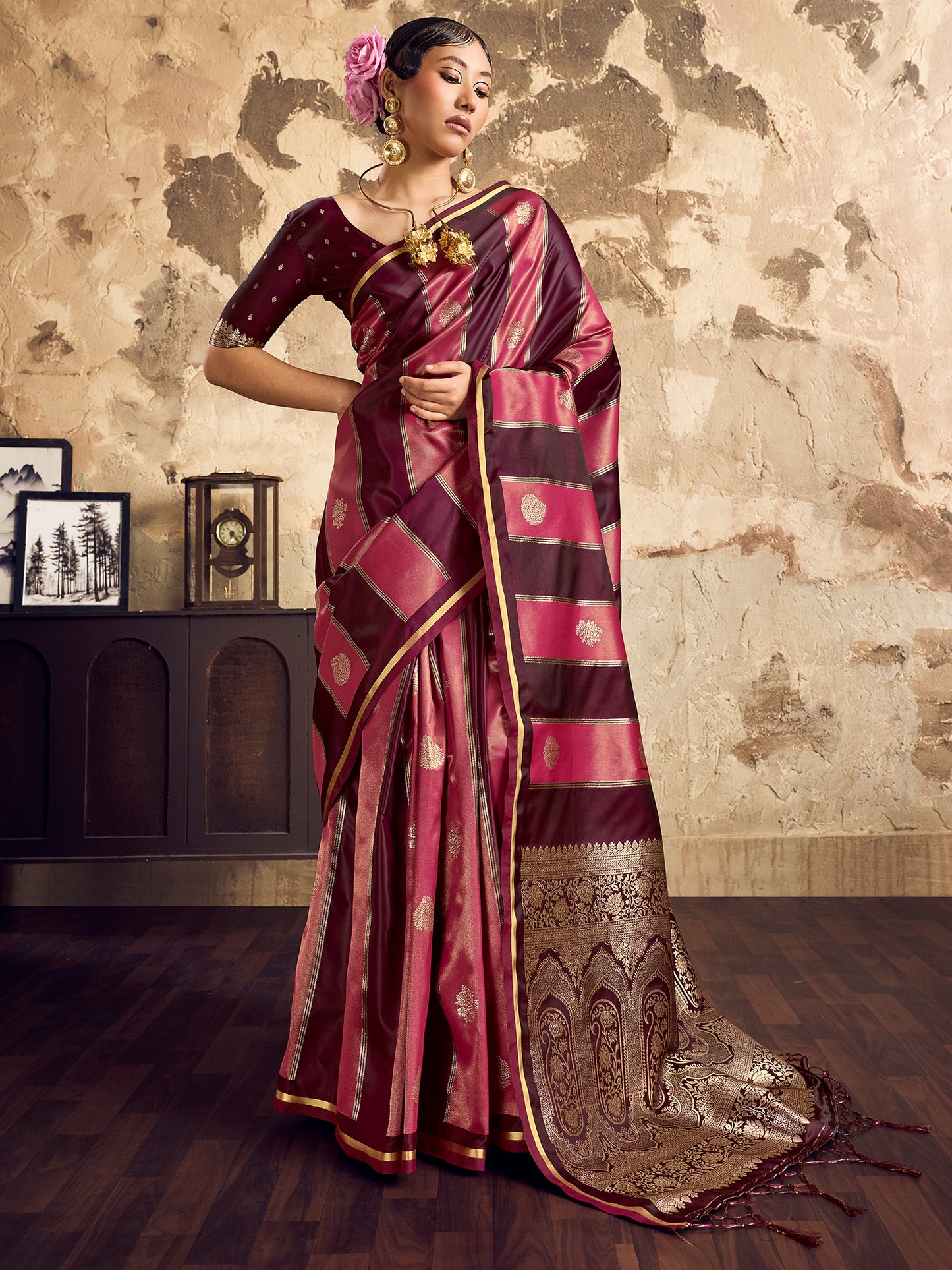 Women's Satin Wine Woven Design Designer Saree With Blouse Piece