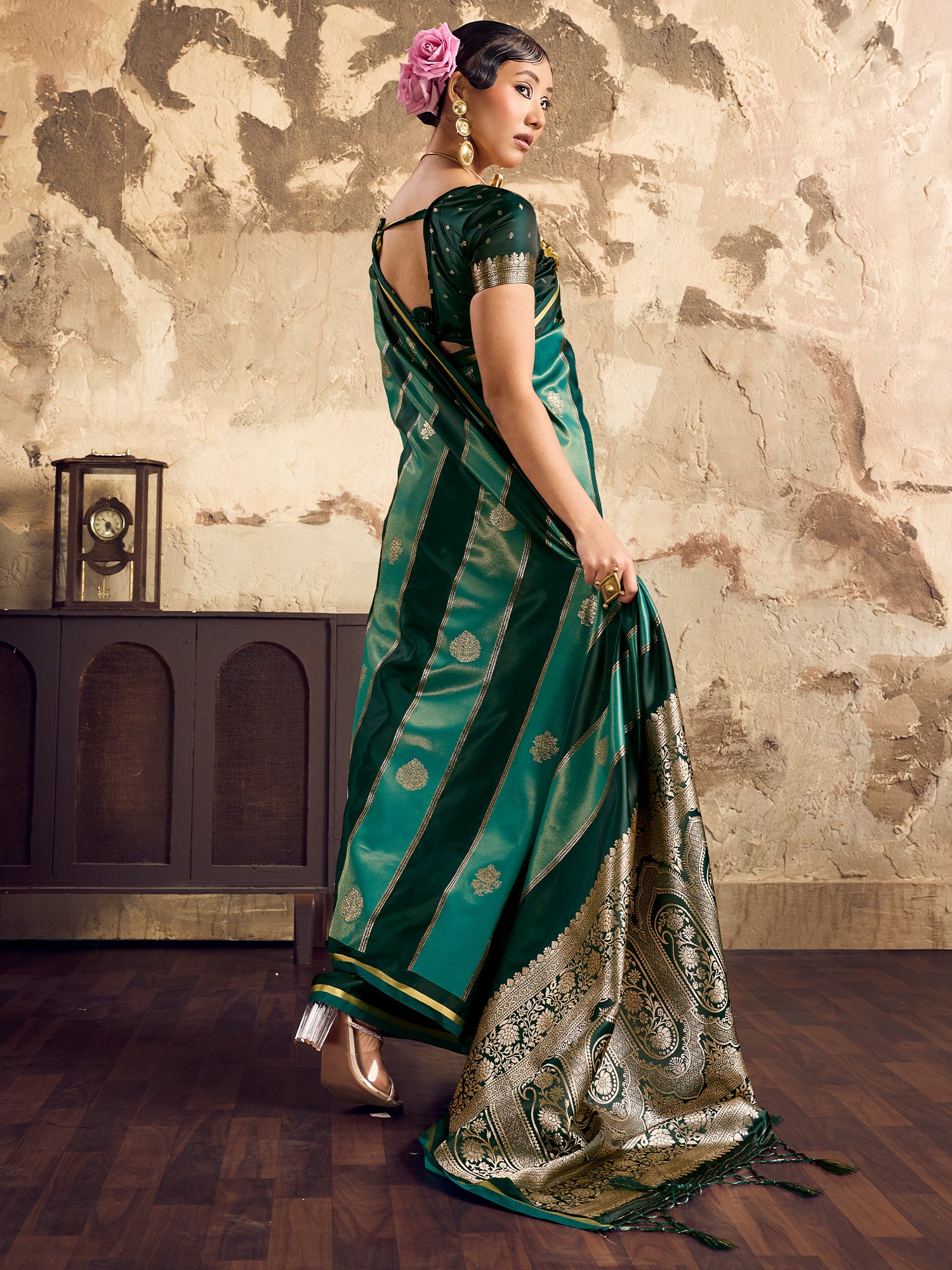 Women's Satin Green Woven Design Designer Saree With Blouse Piece