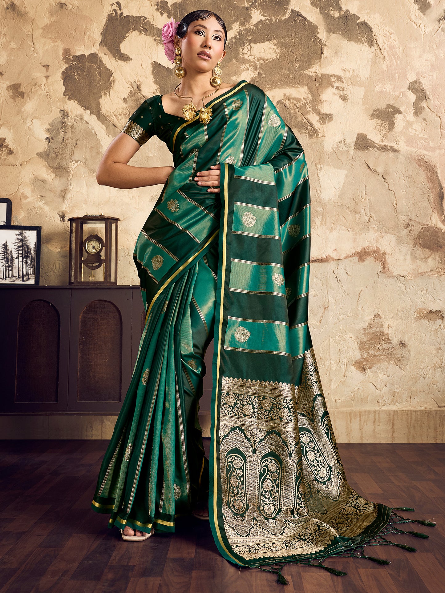 Women's Satin Green Woven Design Designer Saree With Blouse Piece