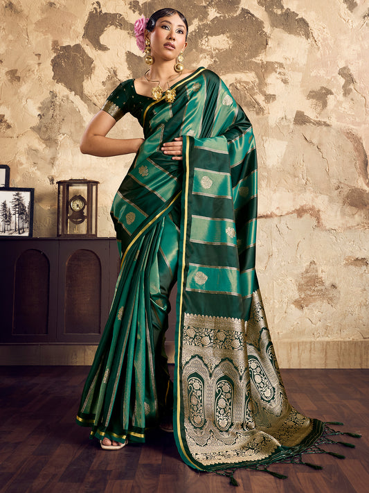 Women's Satin Green Woven Design Designer Saree With Blouse Piece