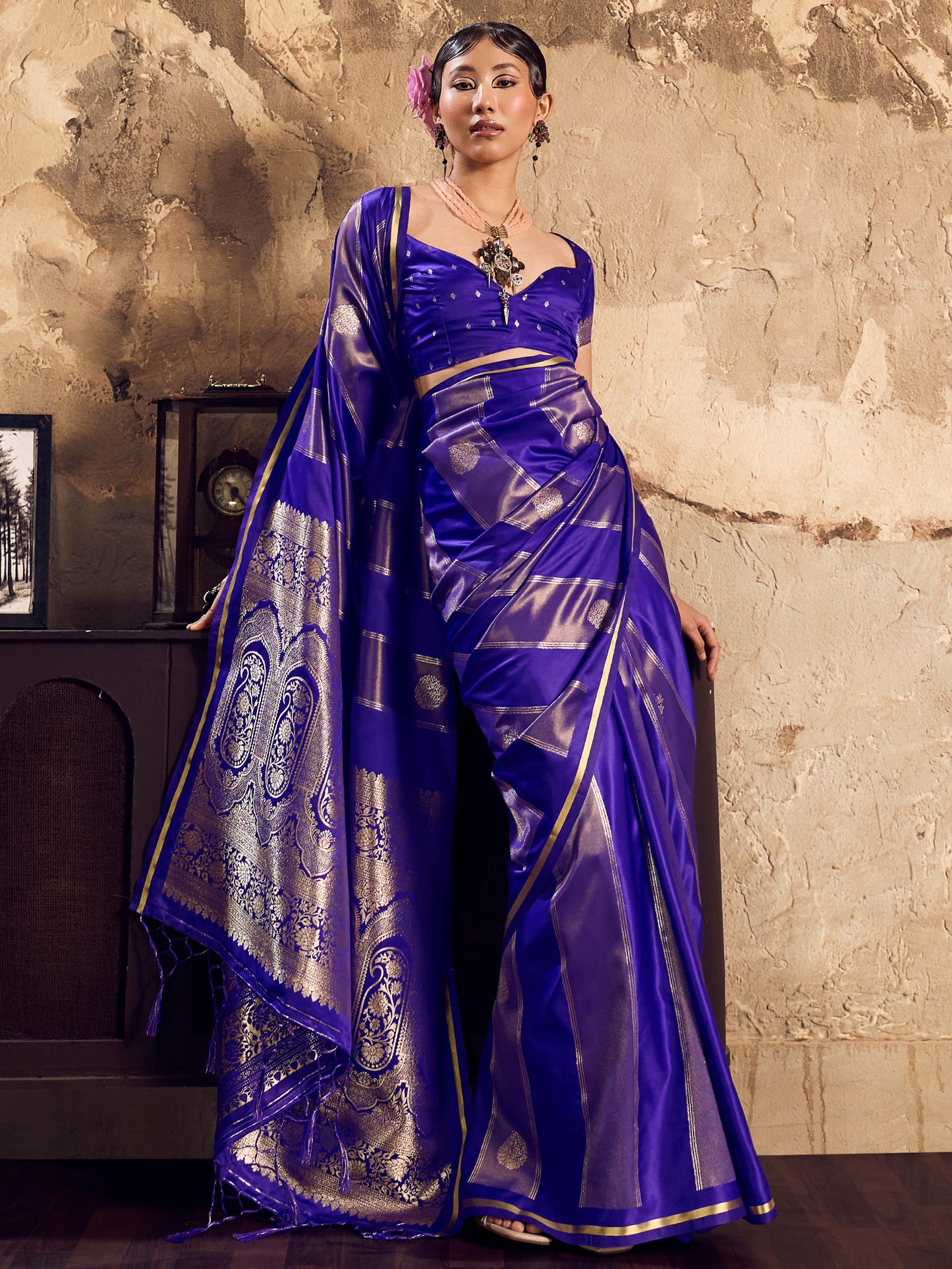 Women's Satin Blue Woven Design Designer Saree With Blouse Piece