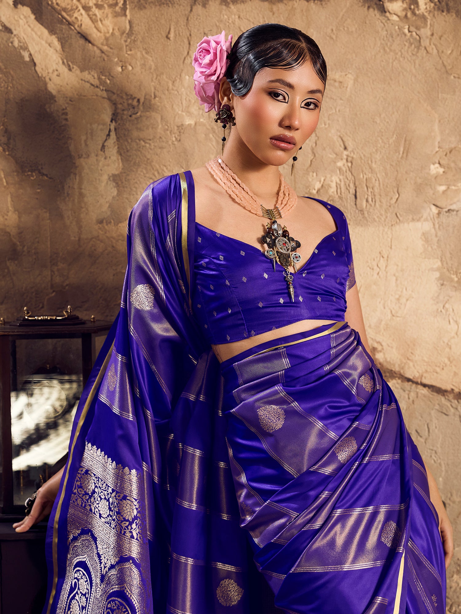 Women's Satin Blue Woven Design Designer Saree With Blouse Piece
