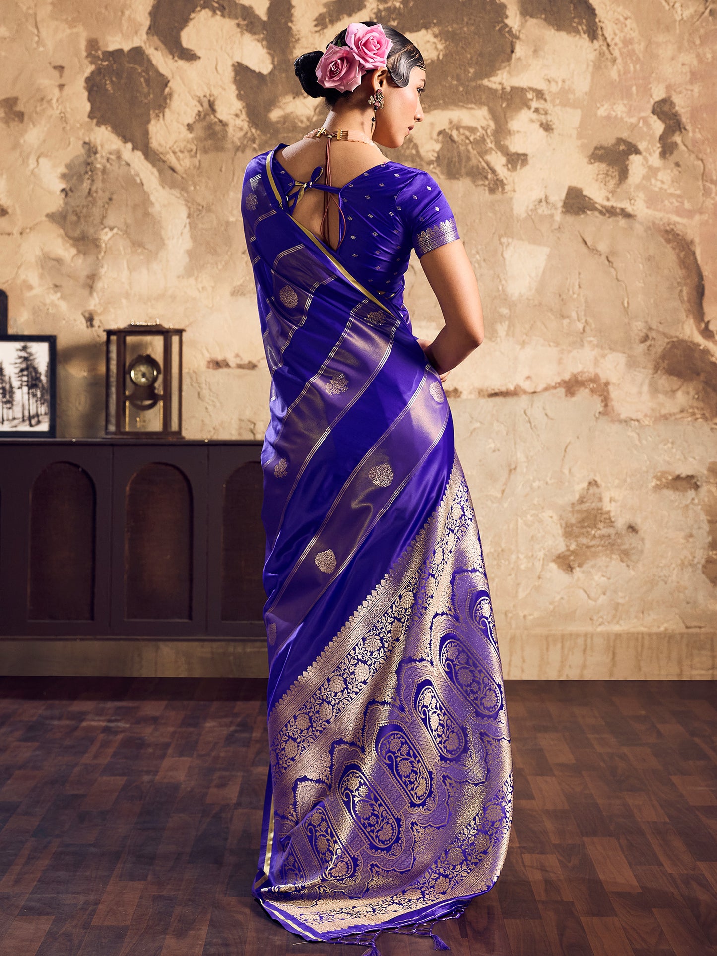 Women's Satin Blue Woven Design Designer Saree With Blouse Piece