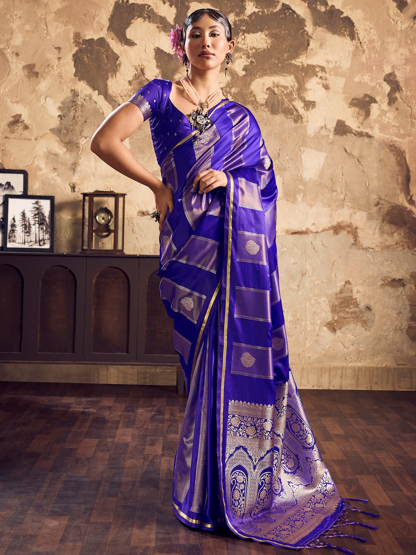 Women's Satin Blue Woven Design Designer Saree With Blouse Piece