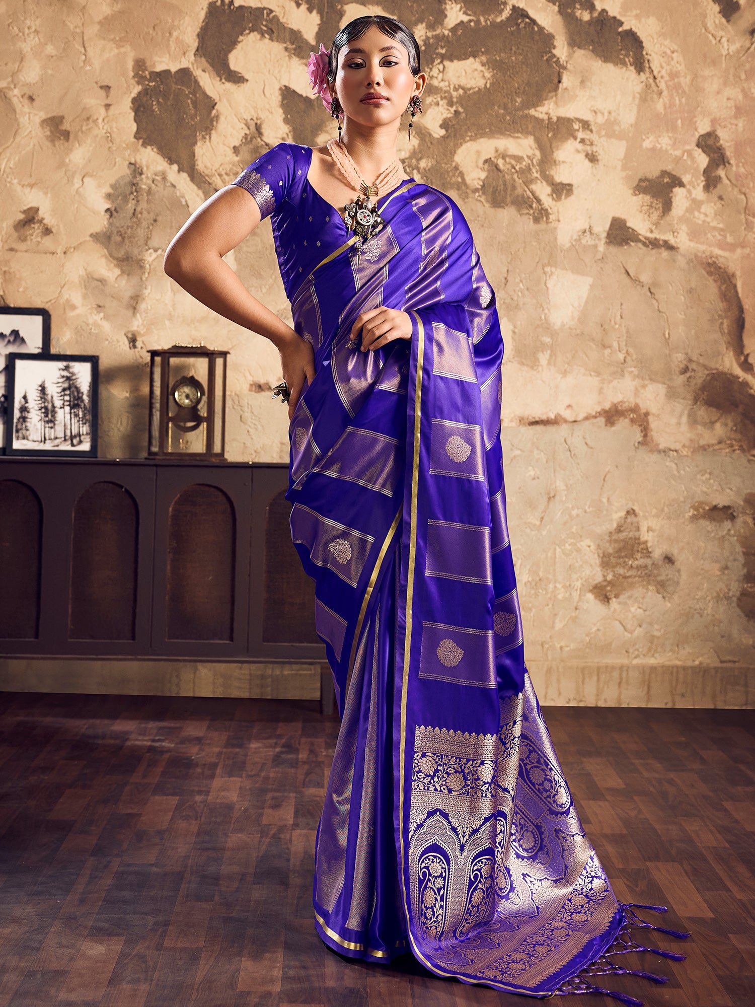 Women's Satin Blue Woven Design Designer Saree With Blouse Piece