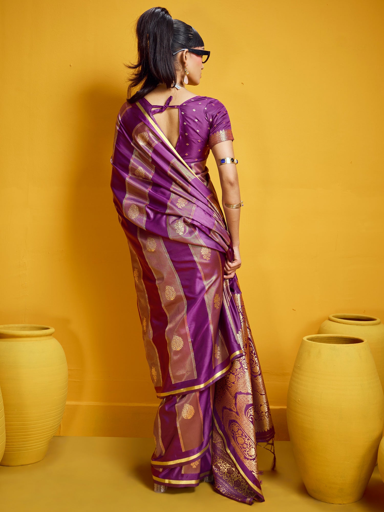 Women's Satin Wine Woven Design Designer Saree With Blouse Piece