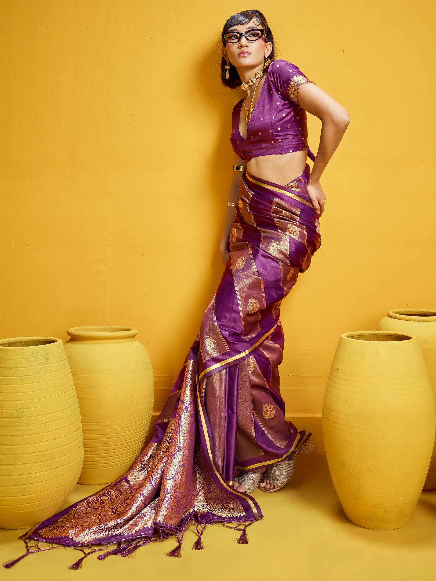 Women's Satin Wine Woven Design Designer Saree With Blouse Piece