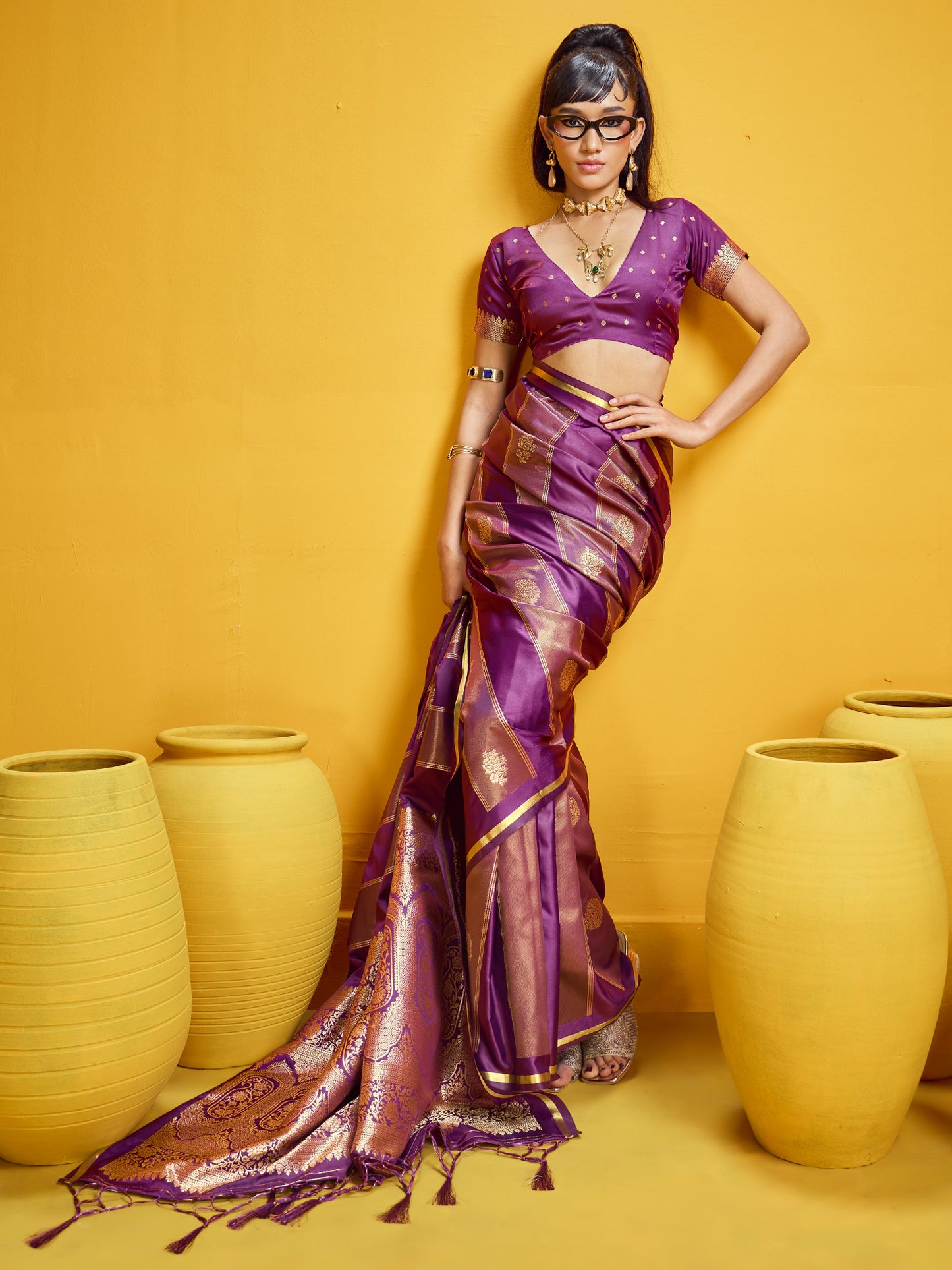 Women's Satin Wine Woven Design Designer Saree With Blouse Piece