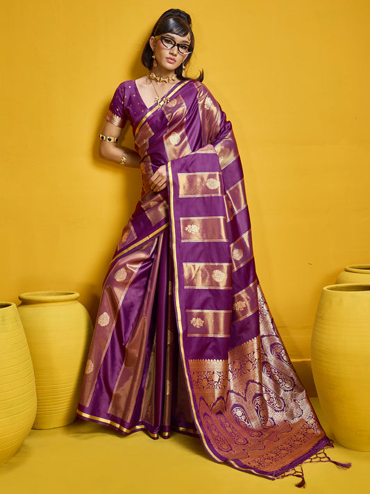 Women's Satin Wine Woven Design Designer Saree With Blouse Piece