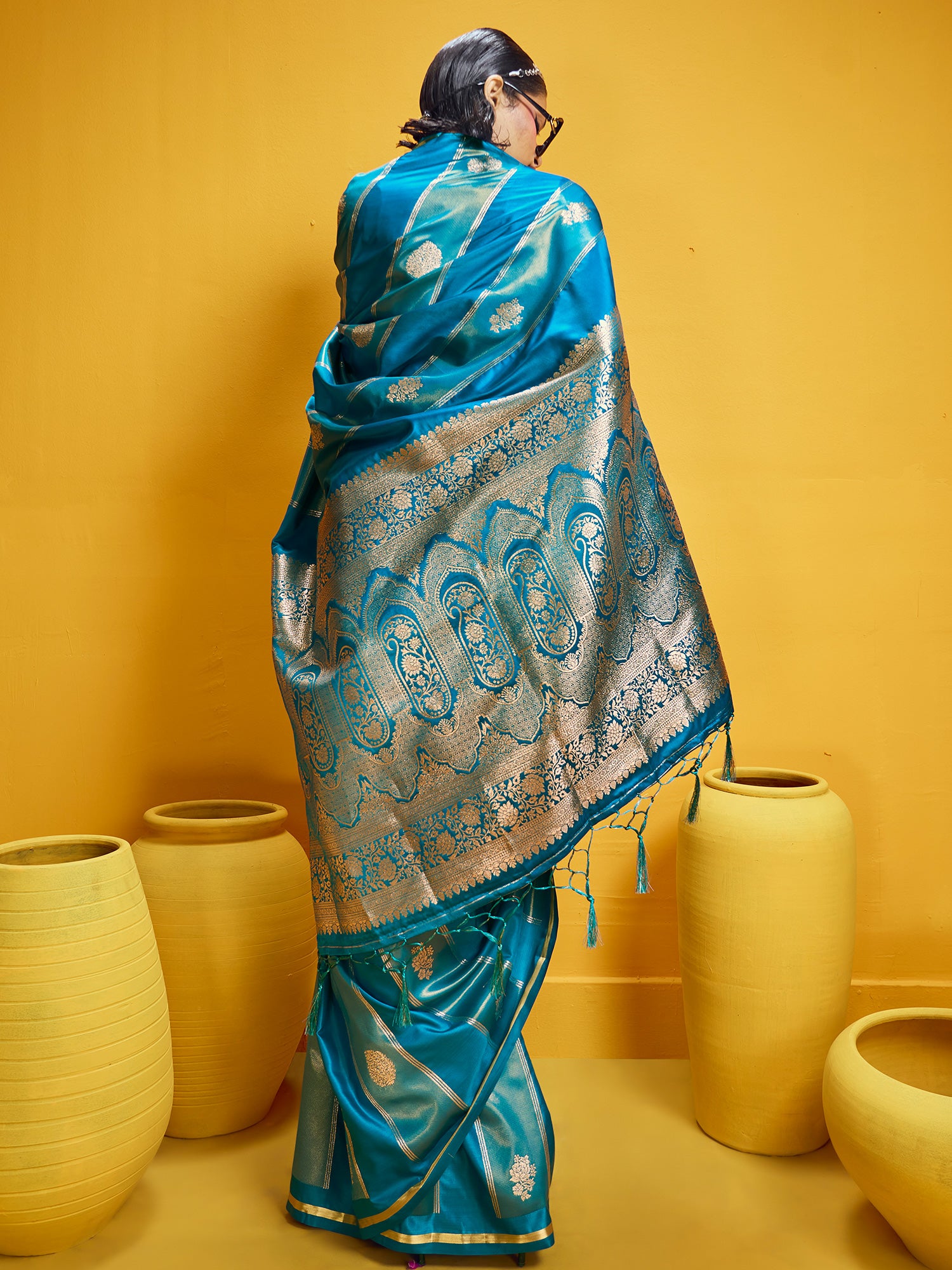 Women's Satin Light Blue Woven Design Designer Saree With Blouse Piece