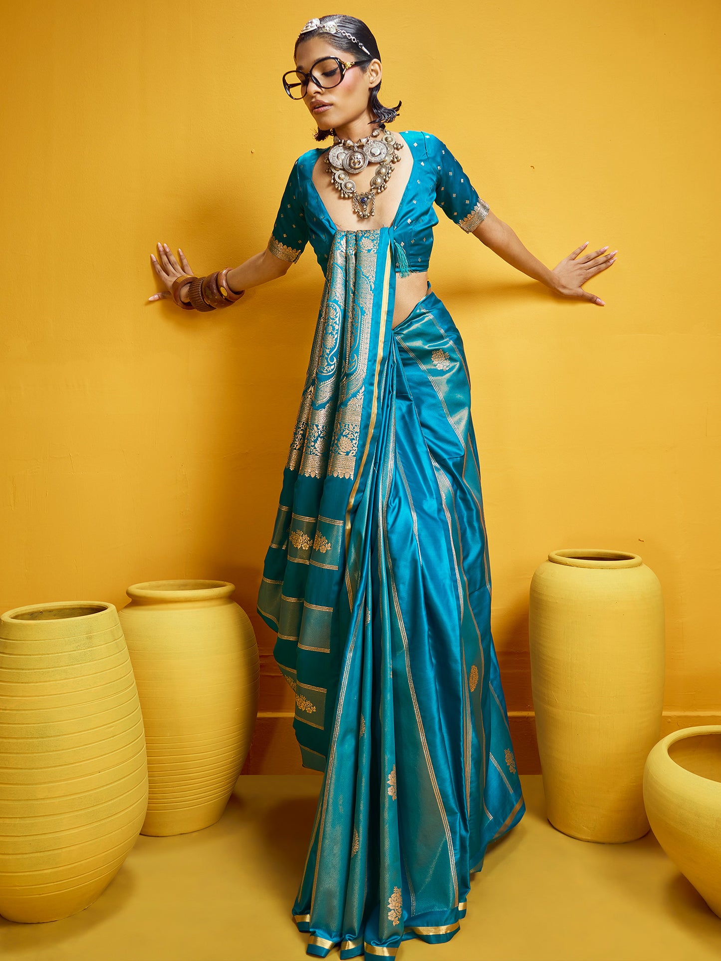 Women's Satin Light Blue Woven Design Designer Saree With Blouse Piece