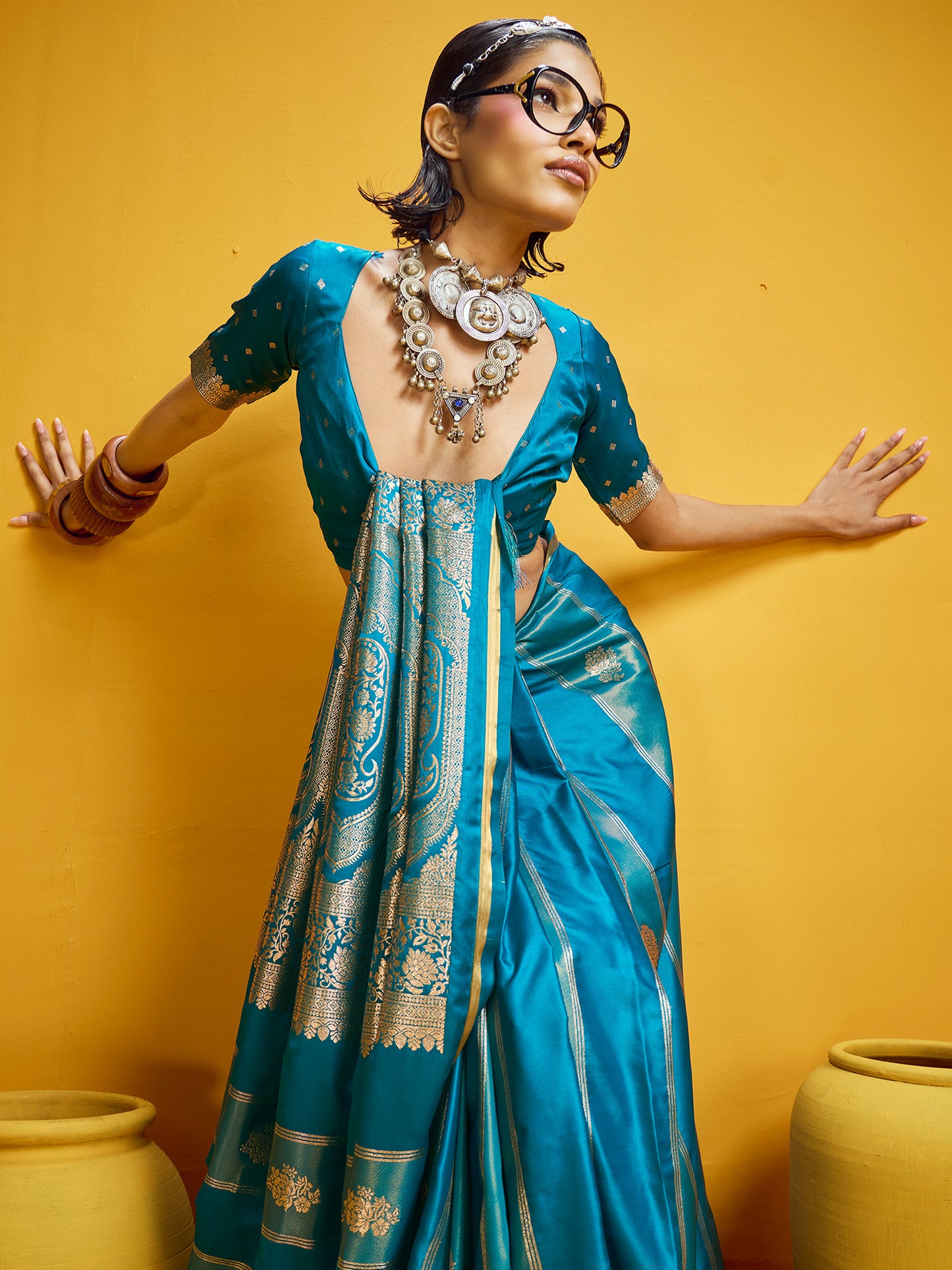 Women's Satin Light Blue Woven Design Designer Saree With Blouse Piece