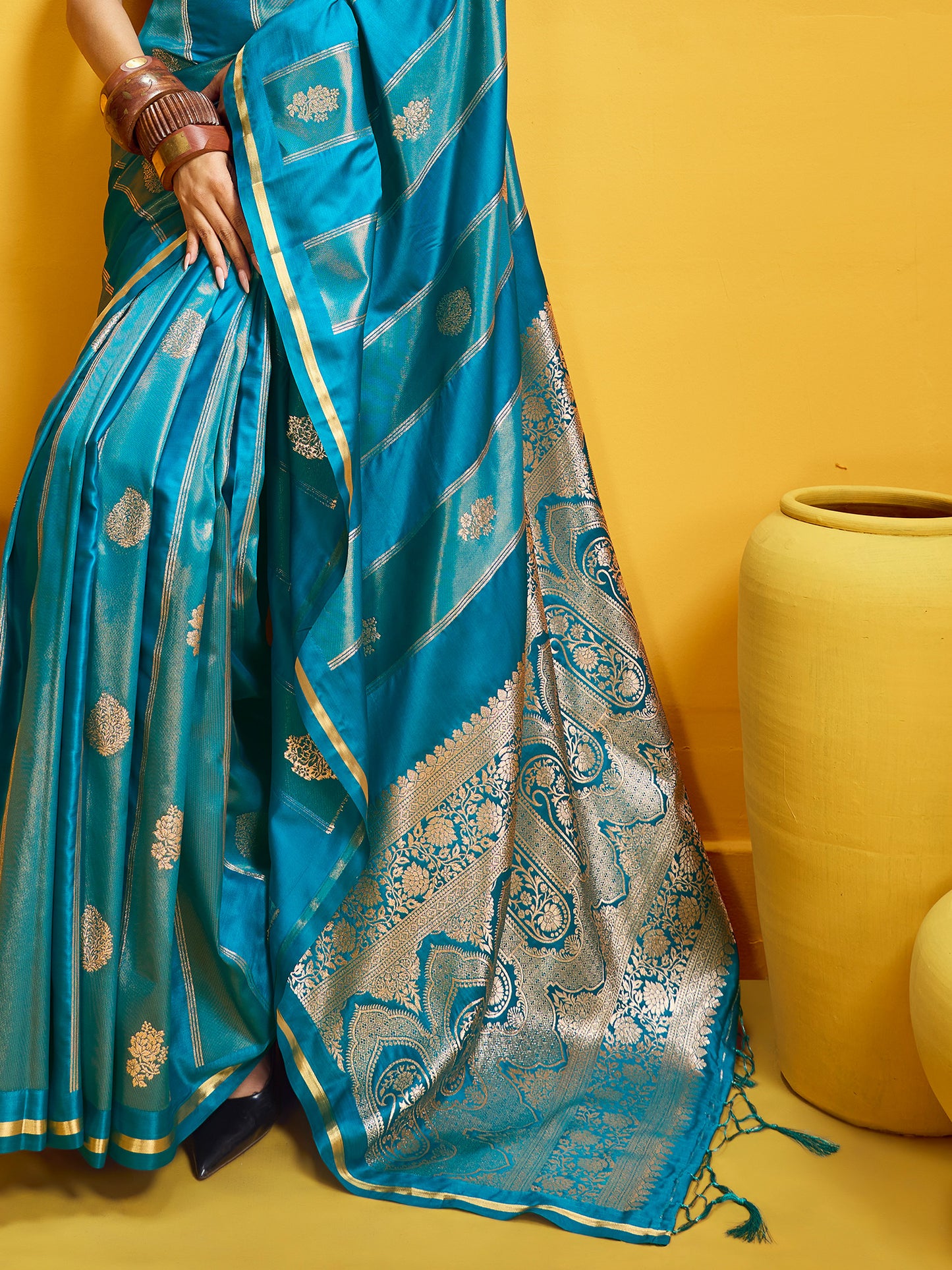 Women's Satin Light Blue Woven Design Designer Saree With Blouse Piece