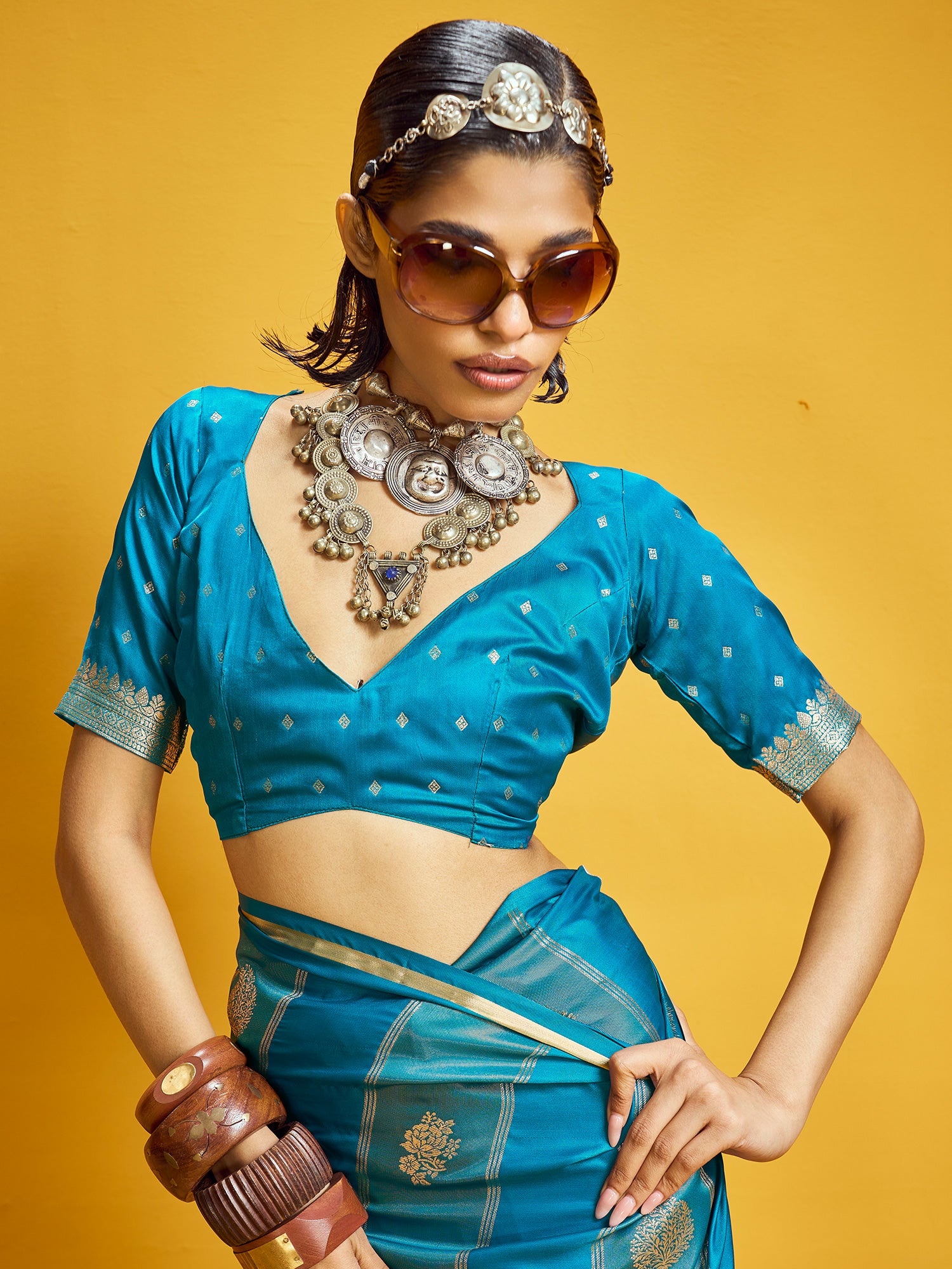 Women's Satin Light Blue Woven Design Designer Saree With Blouse Piece