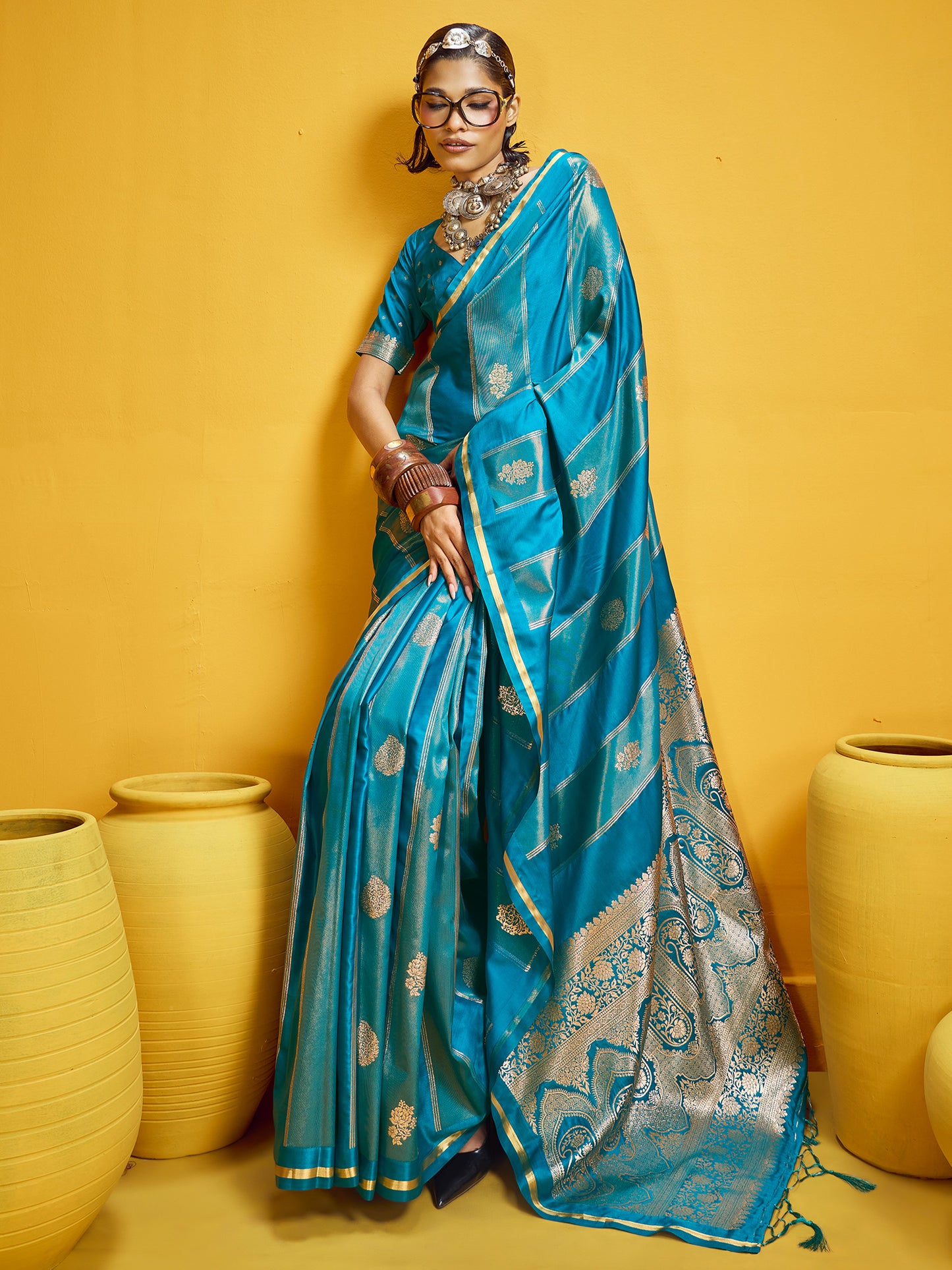 Women's Satin Light Blue Woven Design Designer Saree With Blouse Piece