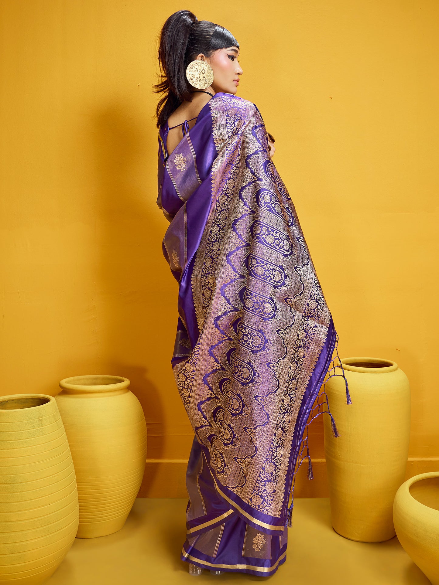 Women's Satin Purple Woven Design Designer Saree With Blouse Piece
