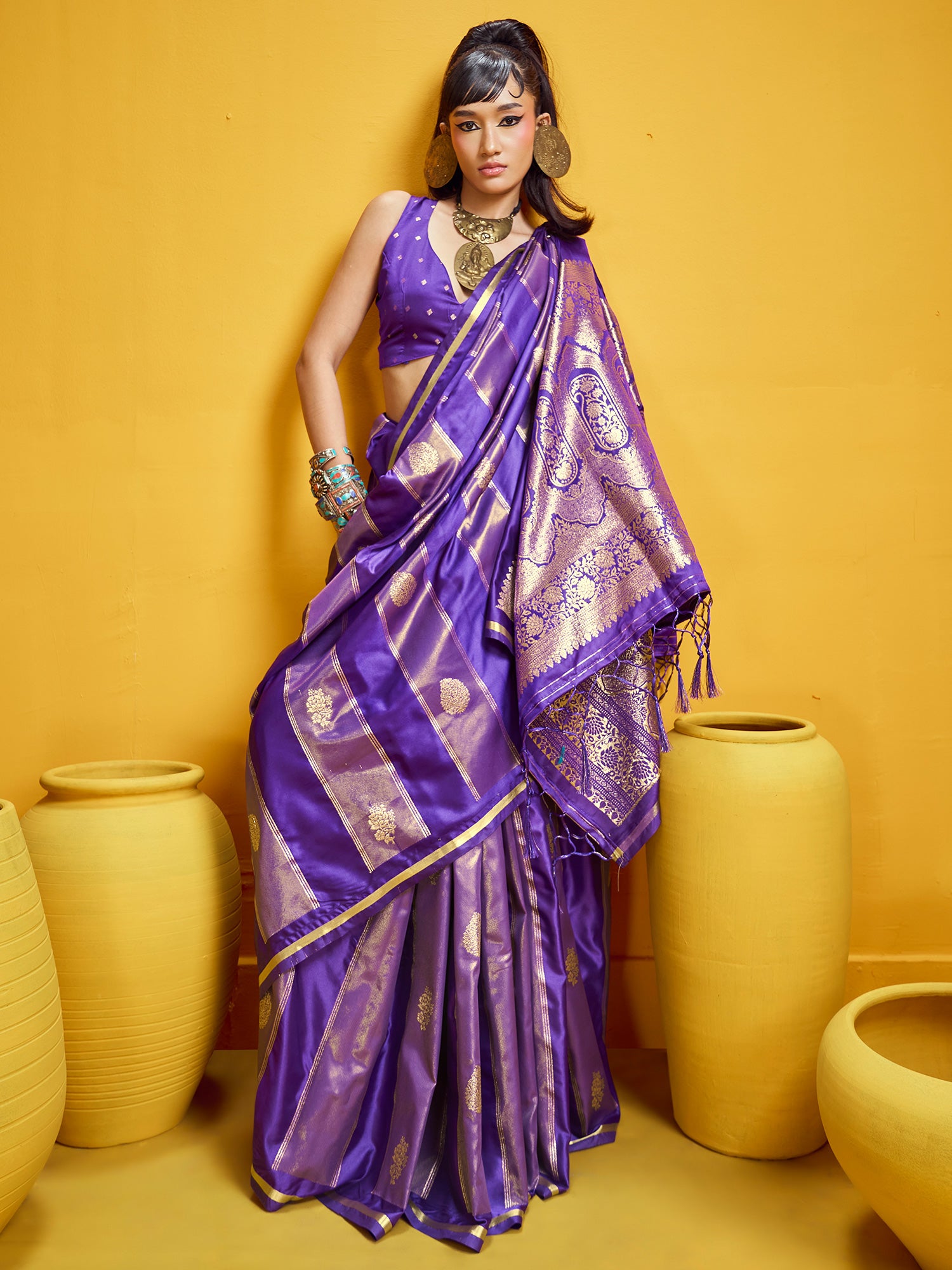 Women's Satin Purple Woven Design Designer Saree With Blouse Piece