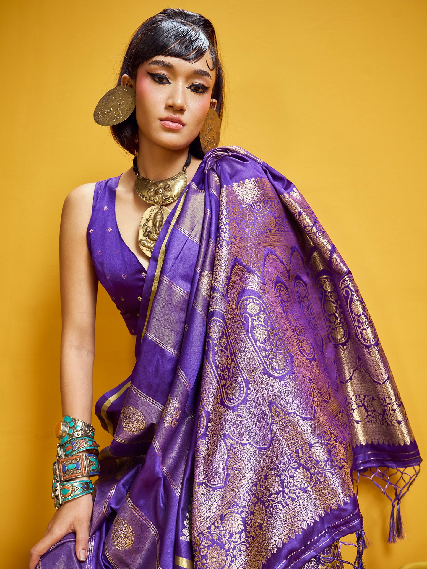 Women's Satin Purple Woven Design Designer Saree With Blouse Piece