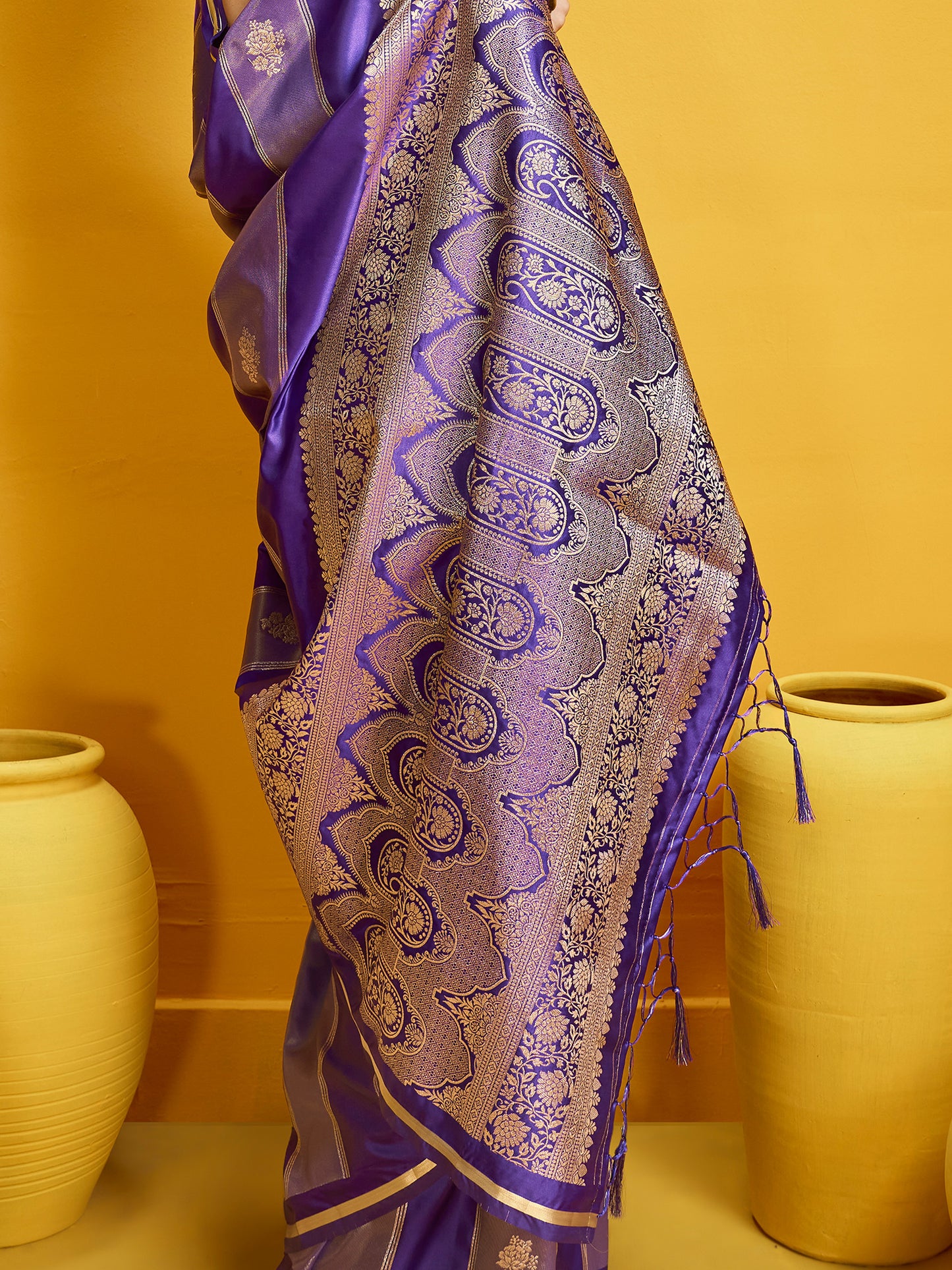 Women's Satin Purple Woven Design Designer Saree With Blouse Piece