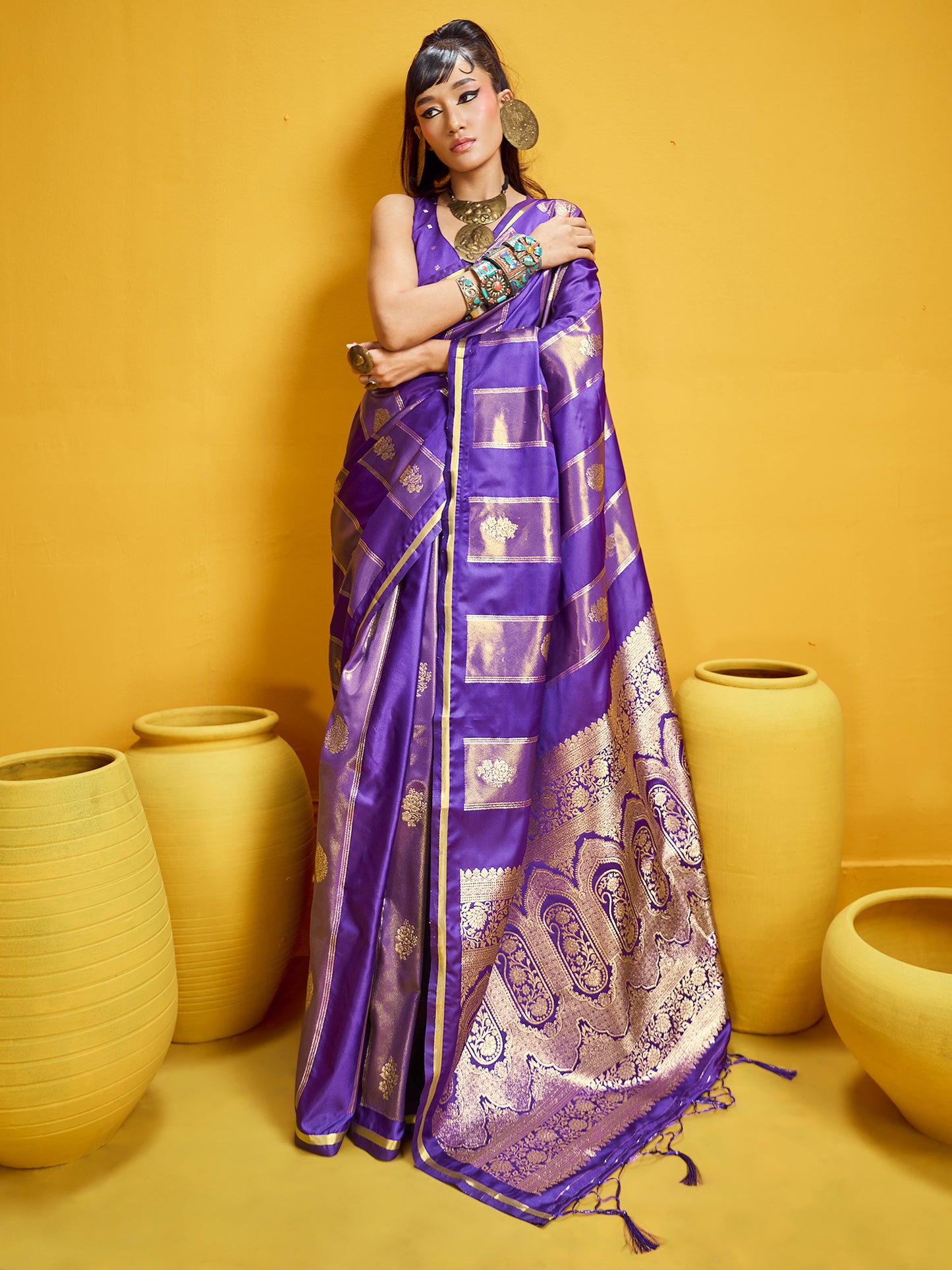 Women's Satin Purple Woven Design Designer Saree With Blouse Piece