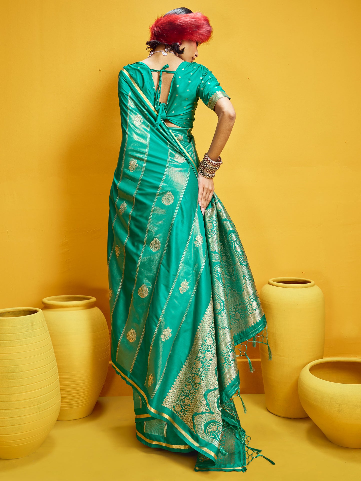 Women's Satin Teal green Woven Design Designer Saree With Blouse Piece
