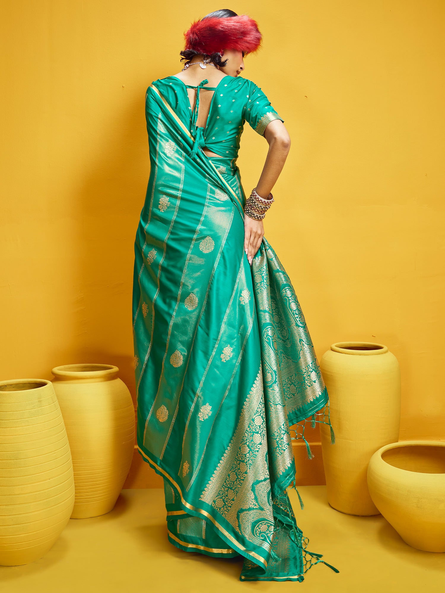 Women's Satin Teal green Woven Design Designer Saree With Blouse Piece