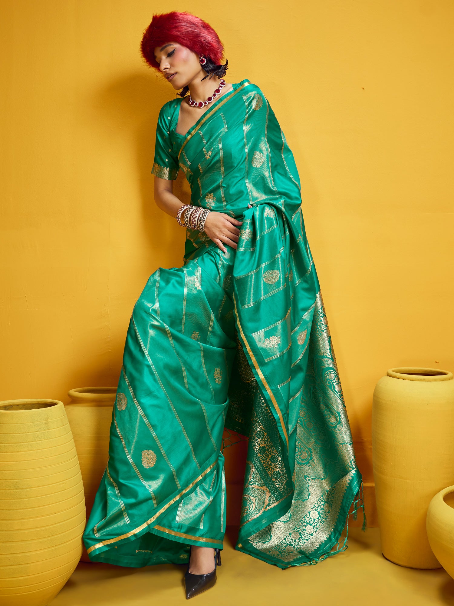Women's Satin Teal green Woven Design Designer Saree With Blouse Piece