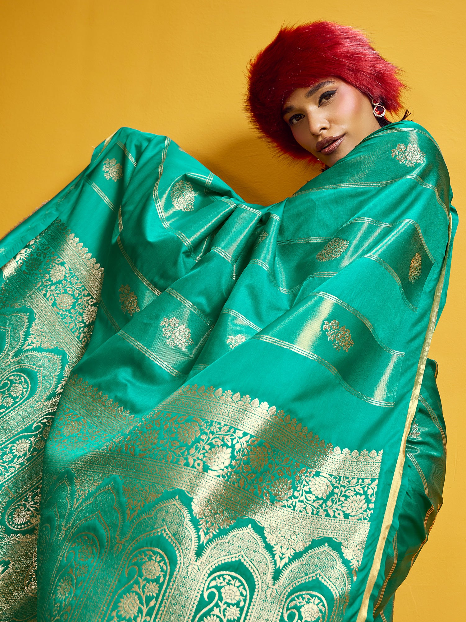 Women's Satin Teal green Woven Design Designer Saree With Blouse Piece