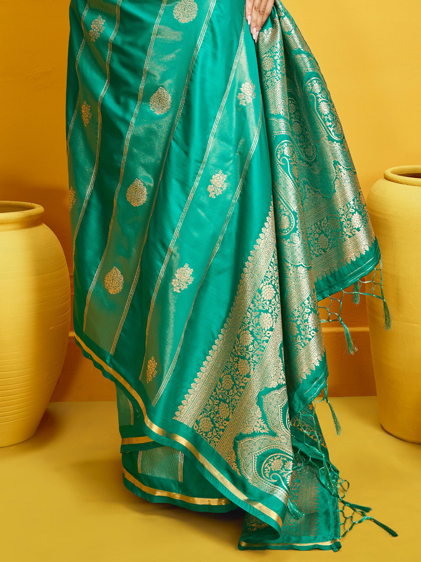 Women's Satin Teal green Woven Design Designer Saree With Blouse Piece