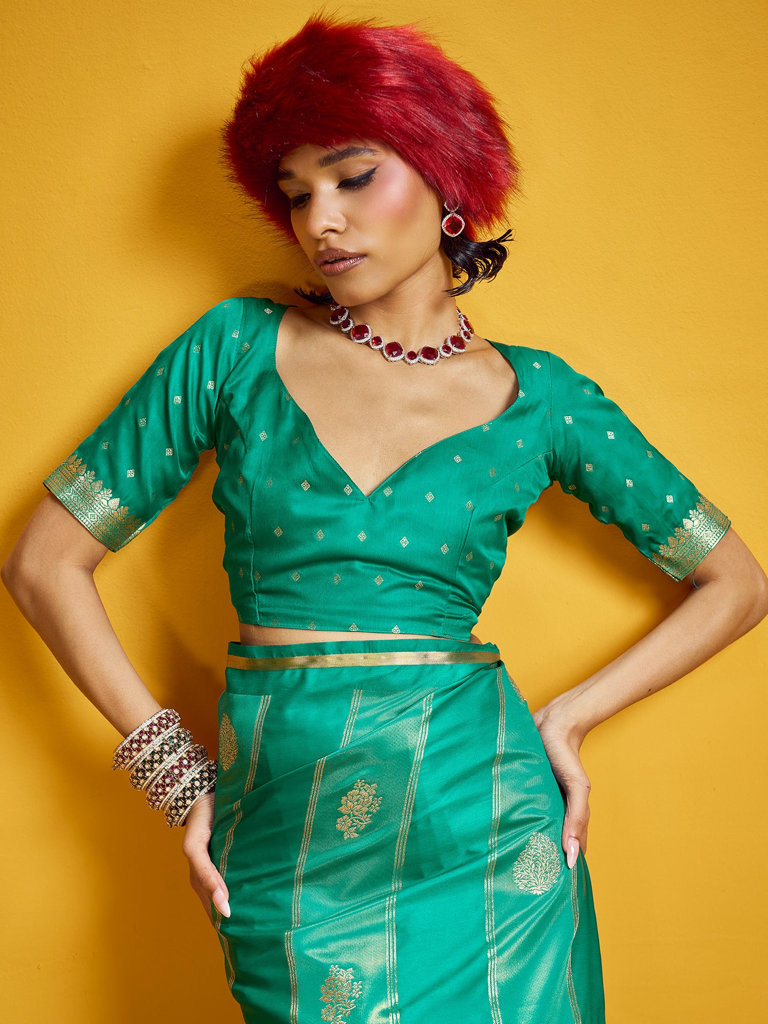 Women's Satin Teal green Woven Design Designer Saree With Blouse Piece