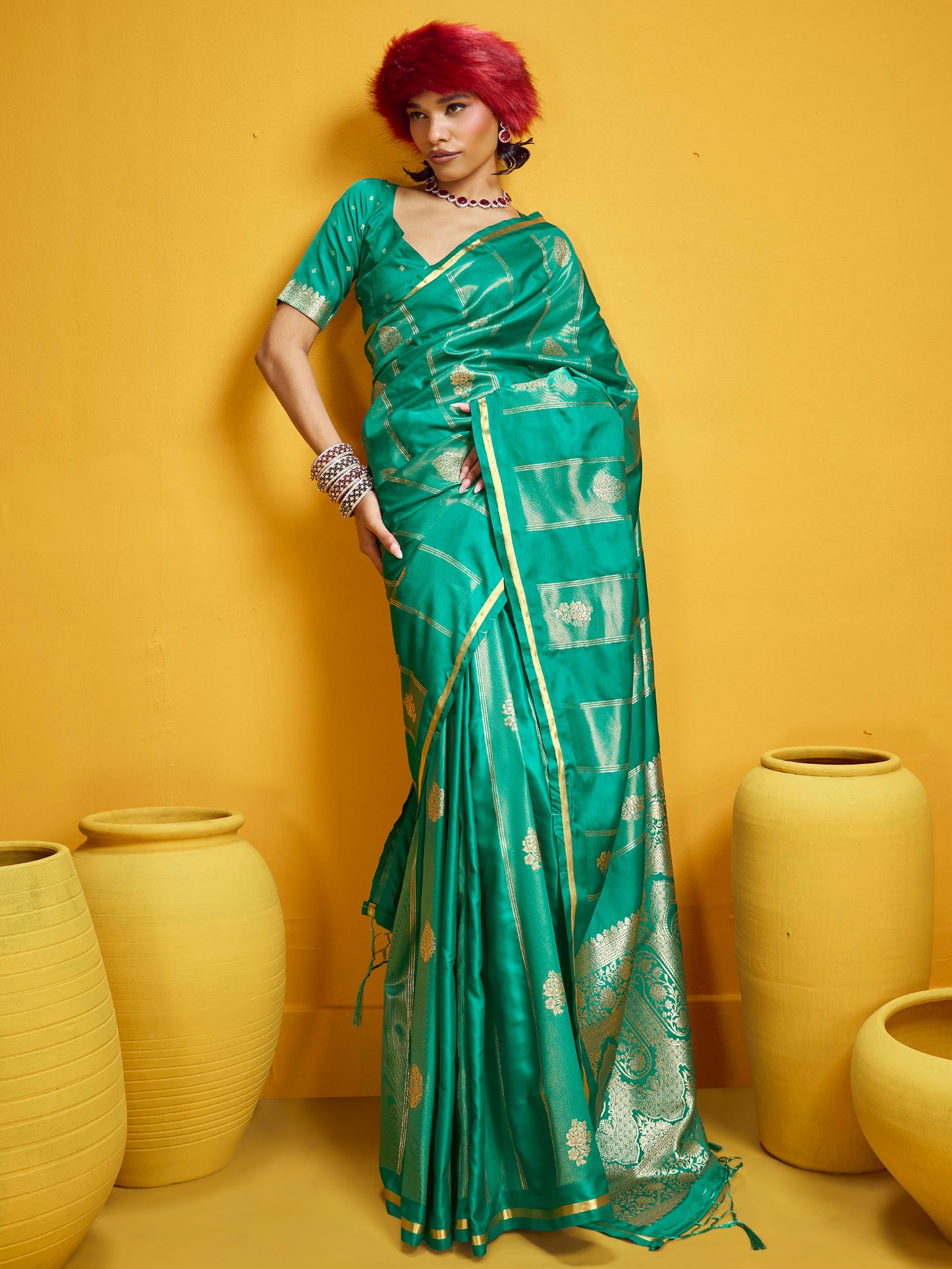 Women's Satin Teal green Woven Design Designer Saree With Blouse Piece
