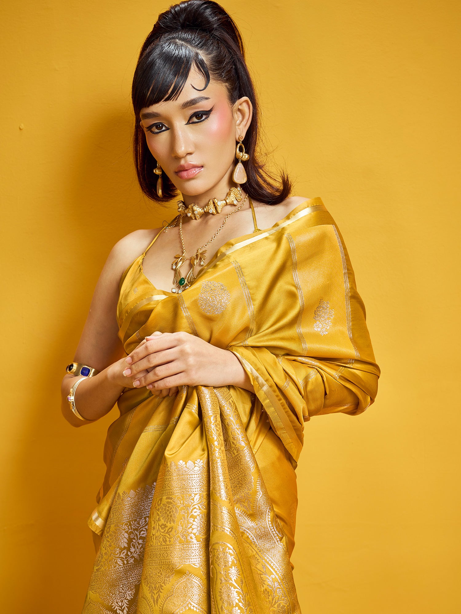 Women's Satin Mustard Woven Design Designer Saree With Blouse Piece