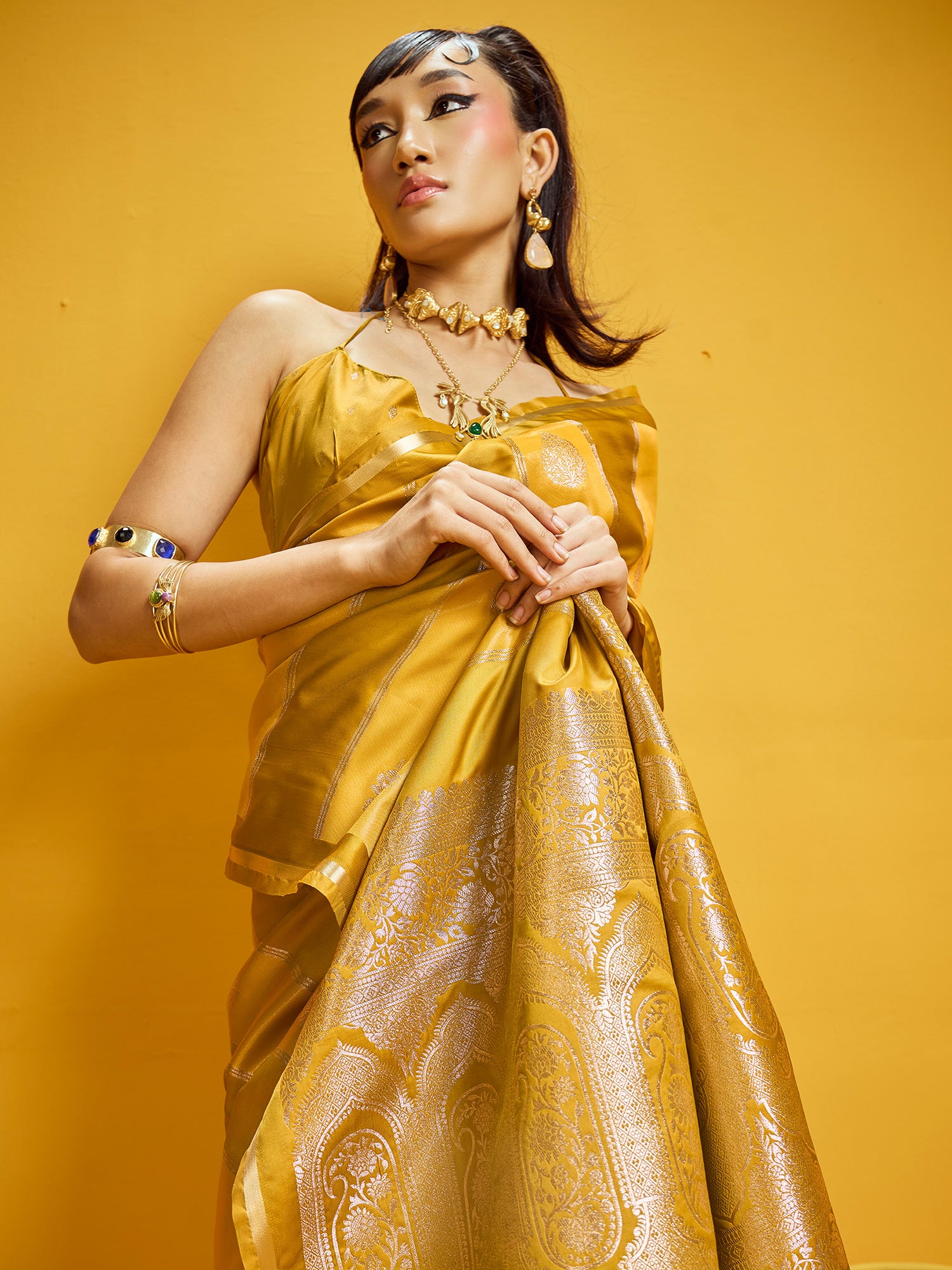 Women's Satin Mustard Woven Design Designer Saree With Blouse Piece