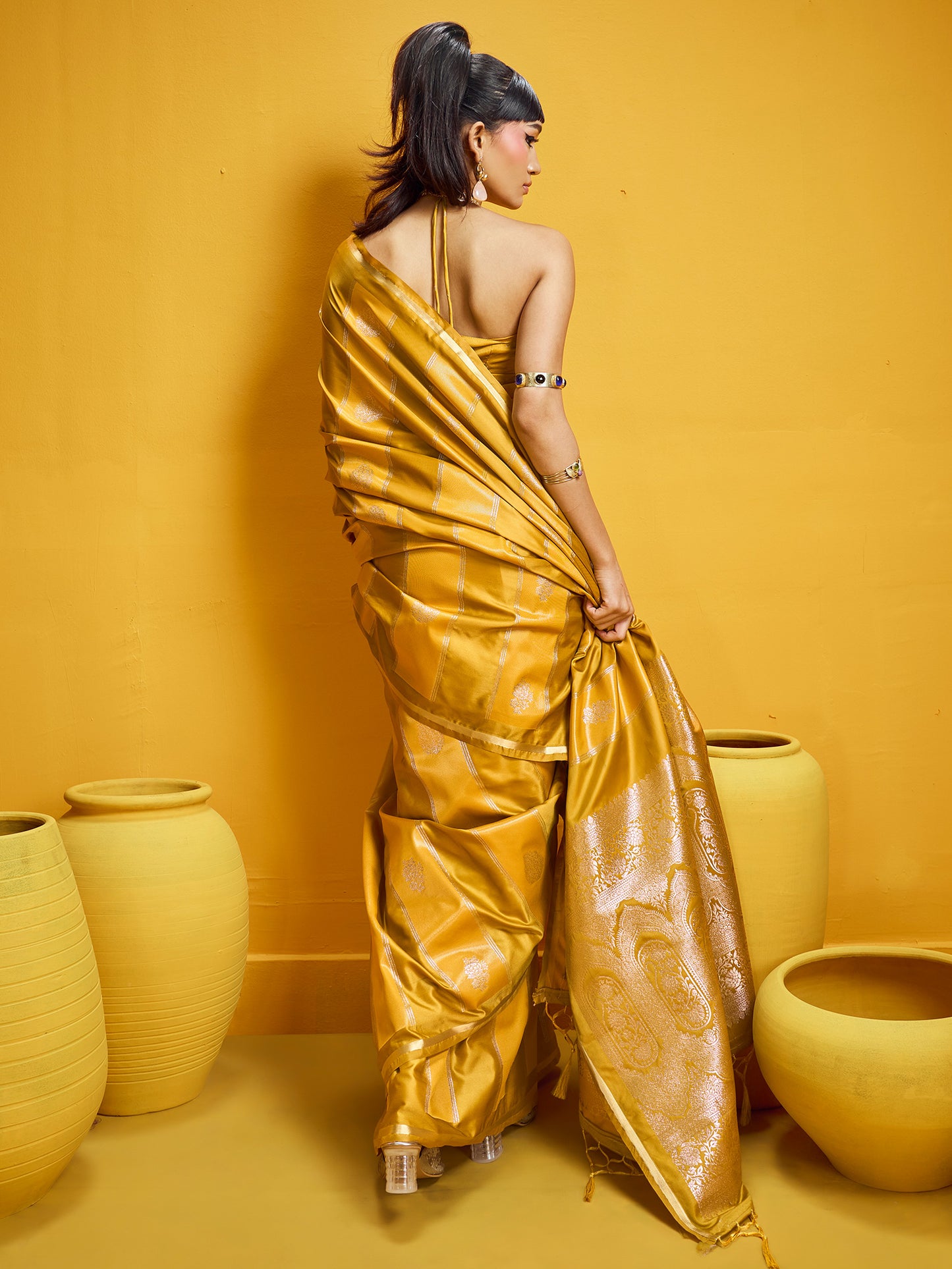 Women's Satin Mustard Woven Design Designer Saree With Blouse Piece