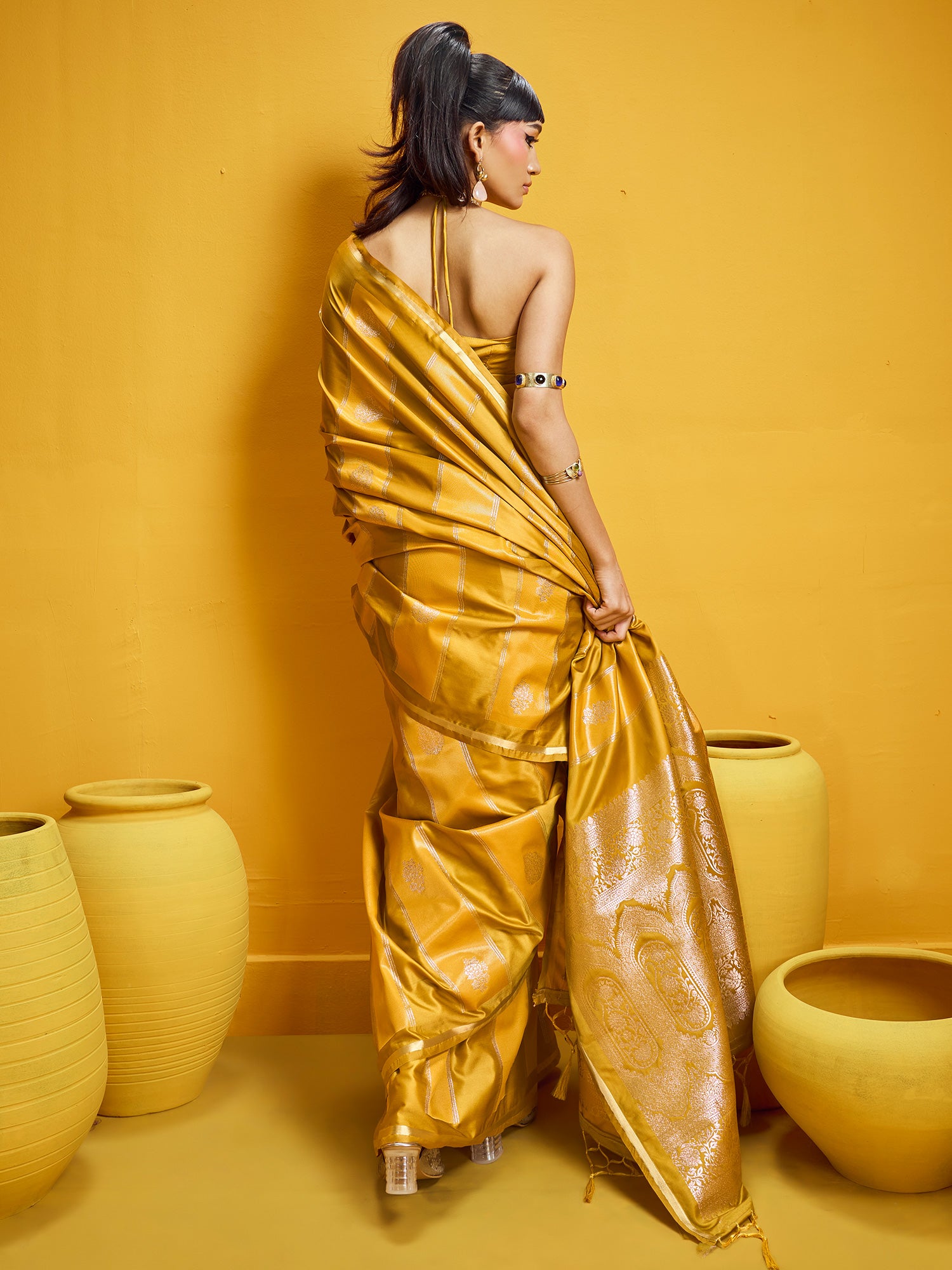 Women's Satin Mustard Woven Design Designer Saree With Blouse Piece