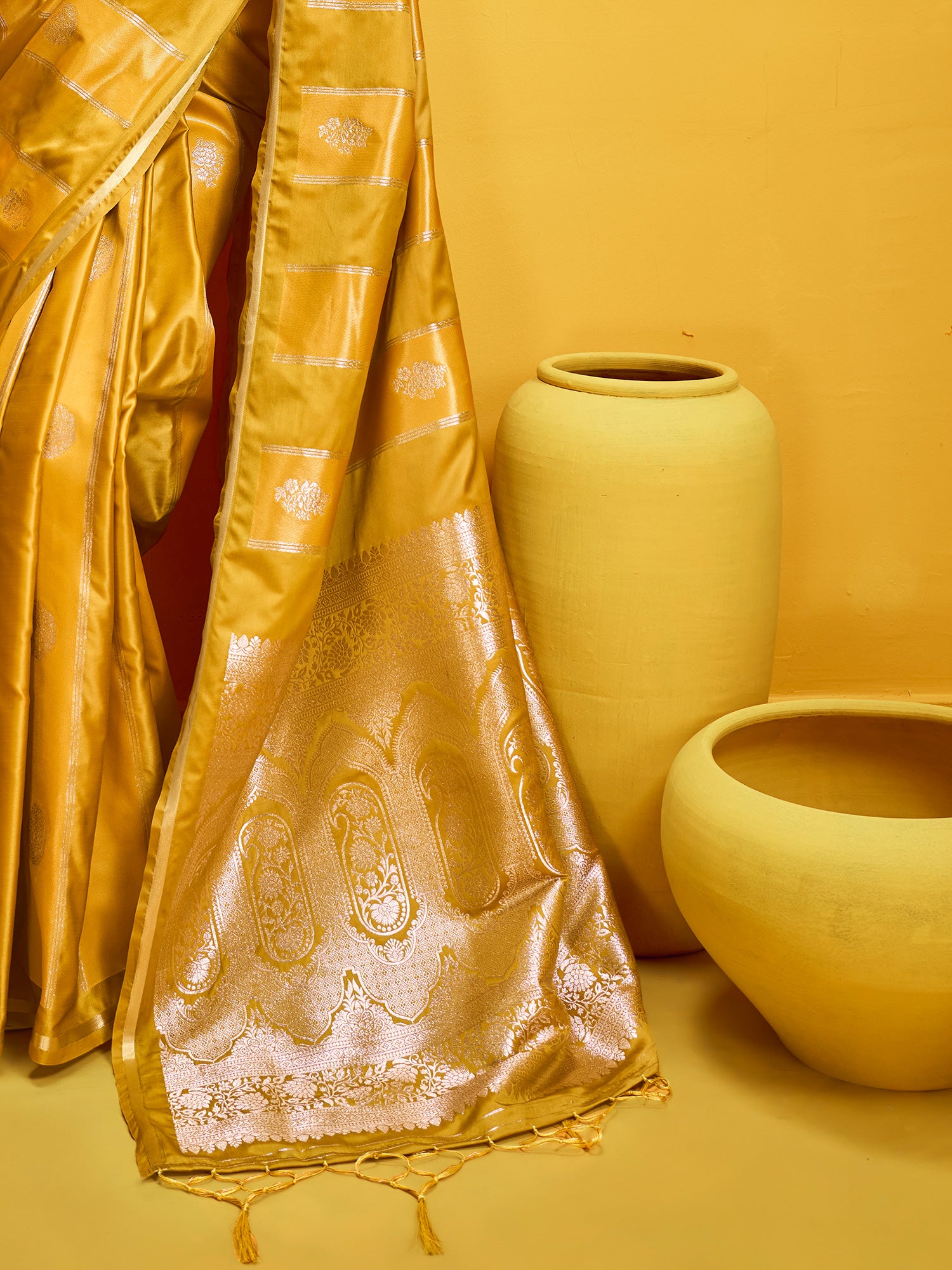 Women's Satin Mustard Woven Design Designer Saree With Blouse Piece