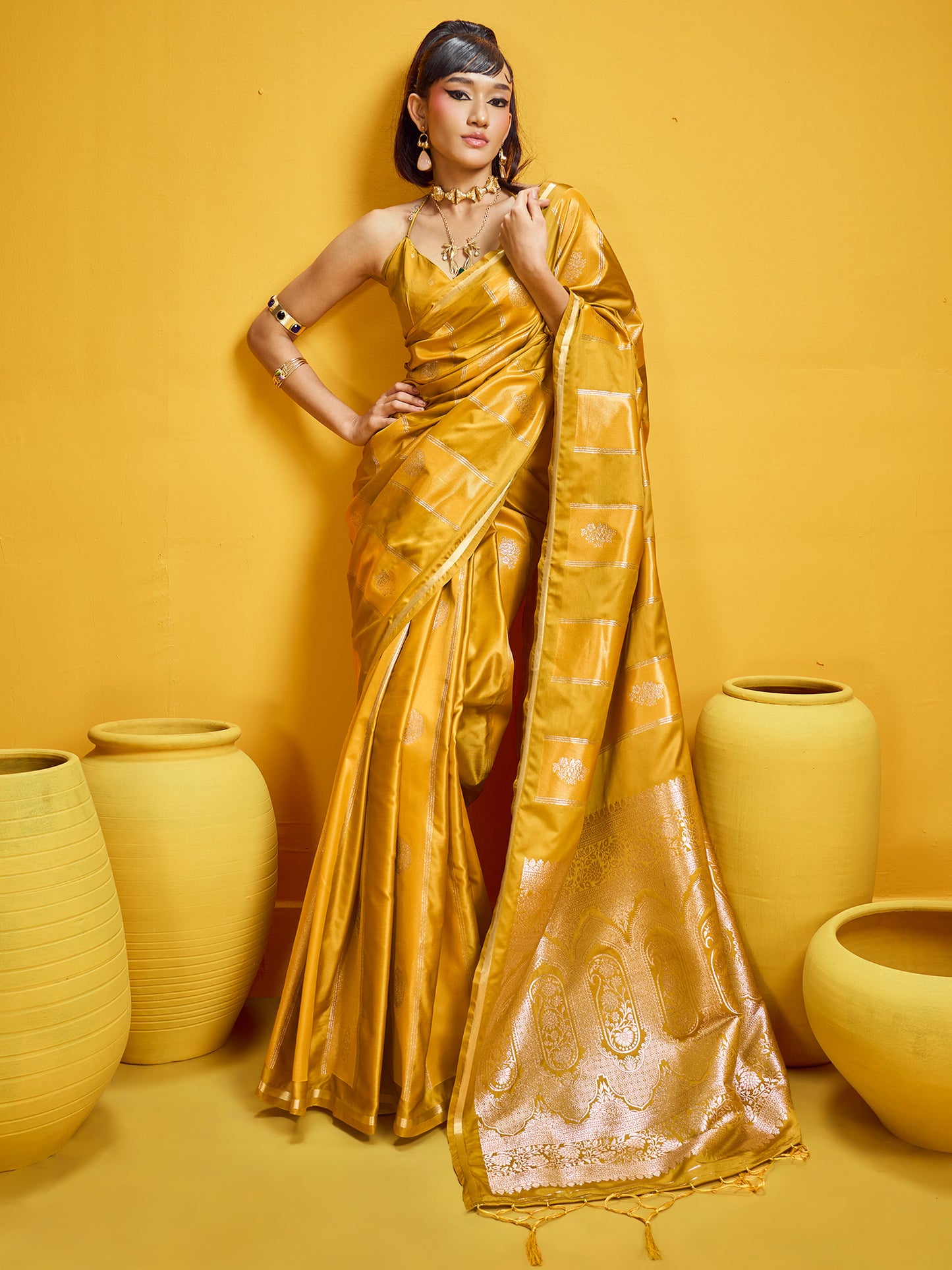 Women's Satin Mustard Woven Design Designer Saree With Blouse Piece
