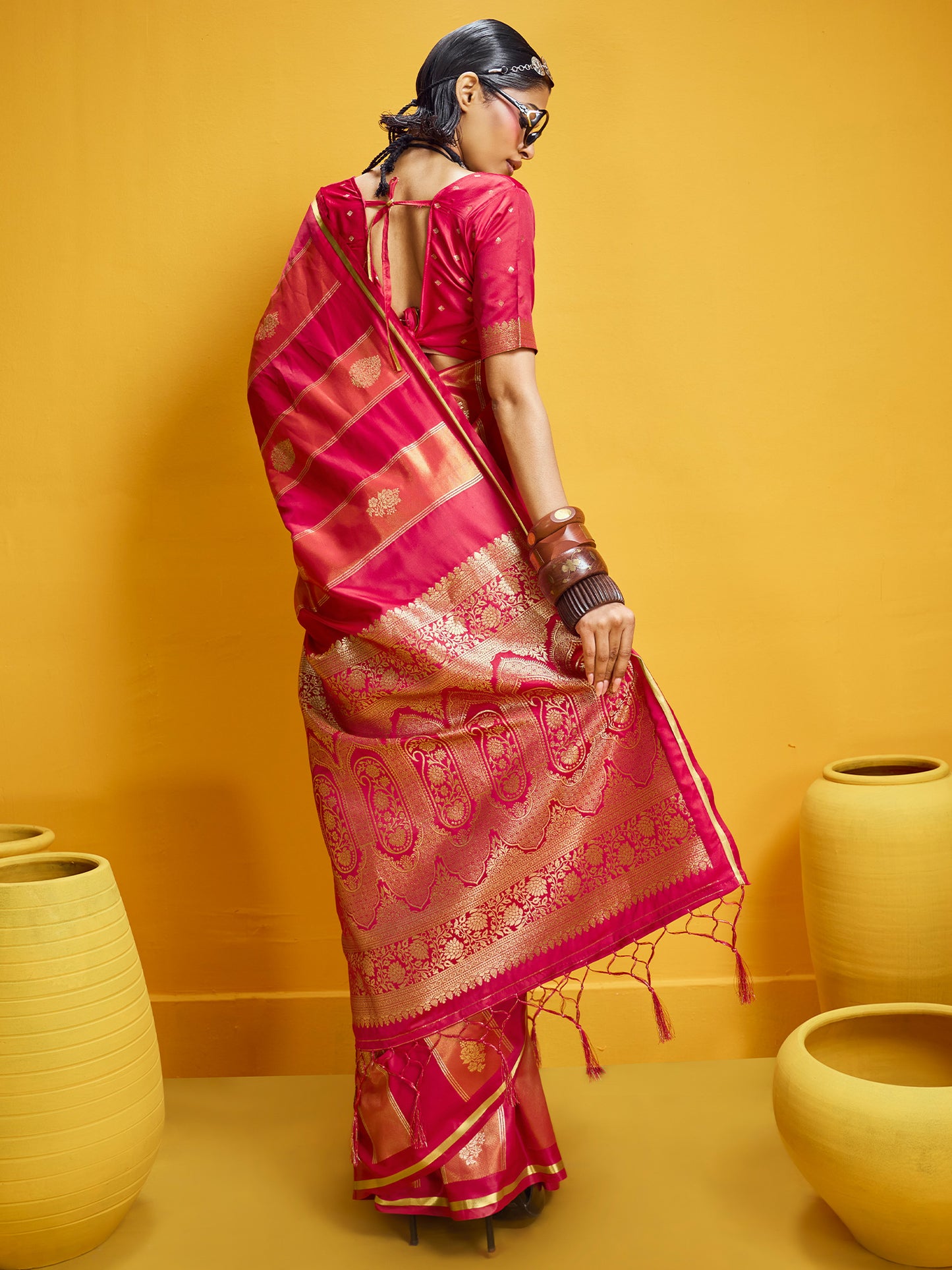 Women's Satin Red Woven Design Designer Saree With Blouse Piece