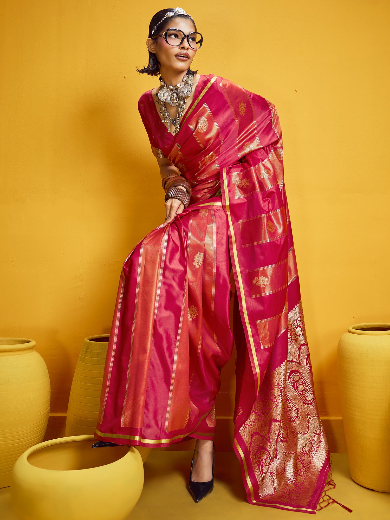 Women's Satin Red Woven Design Designer Saree With Blouse Piece