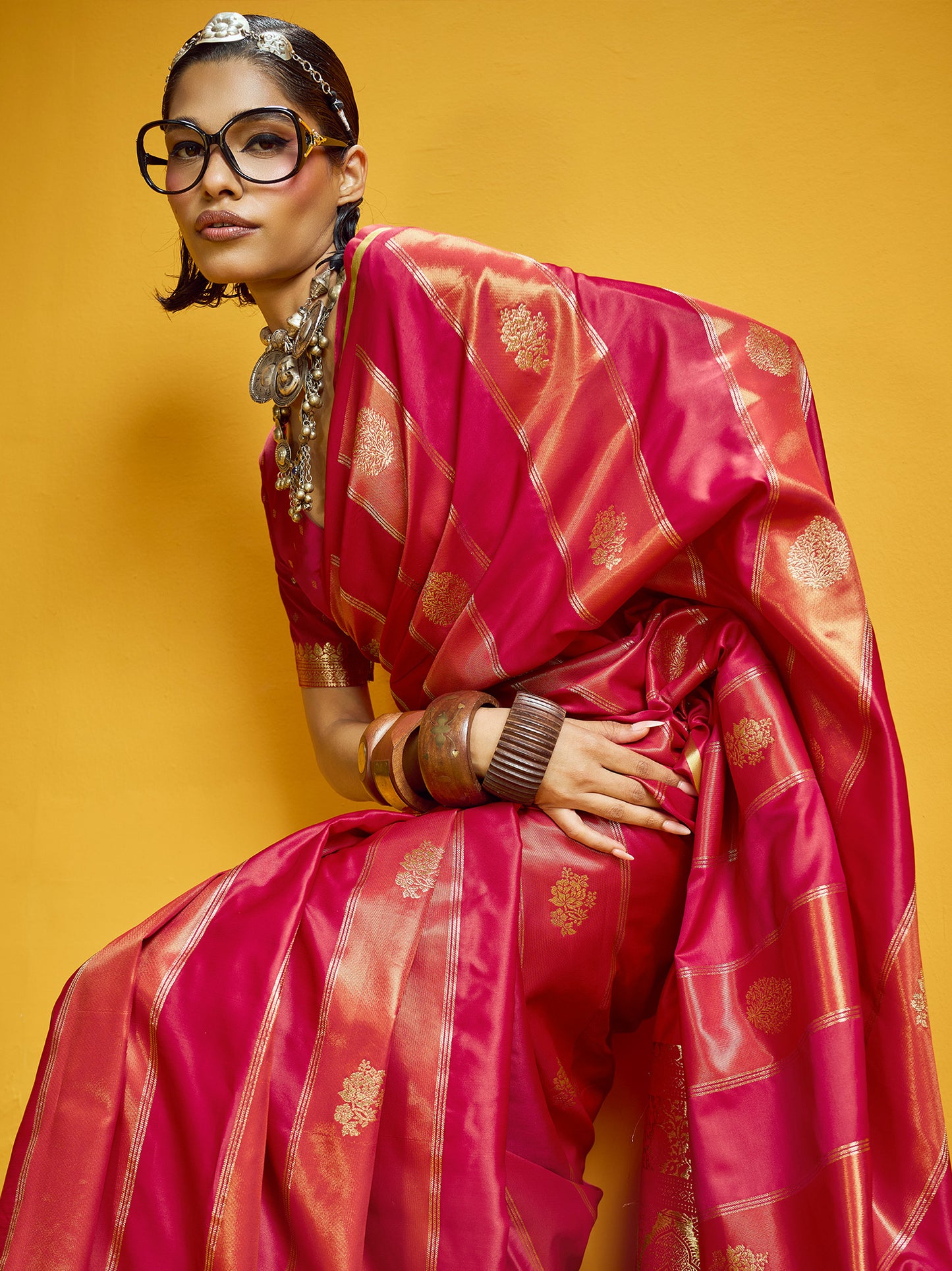 Women's Satin Red Woven Design Designer Saree With Blouse Piece
