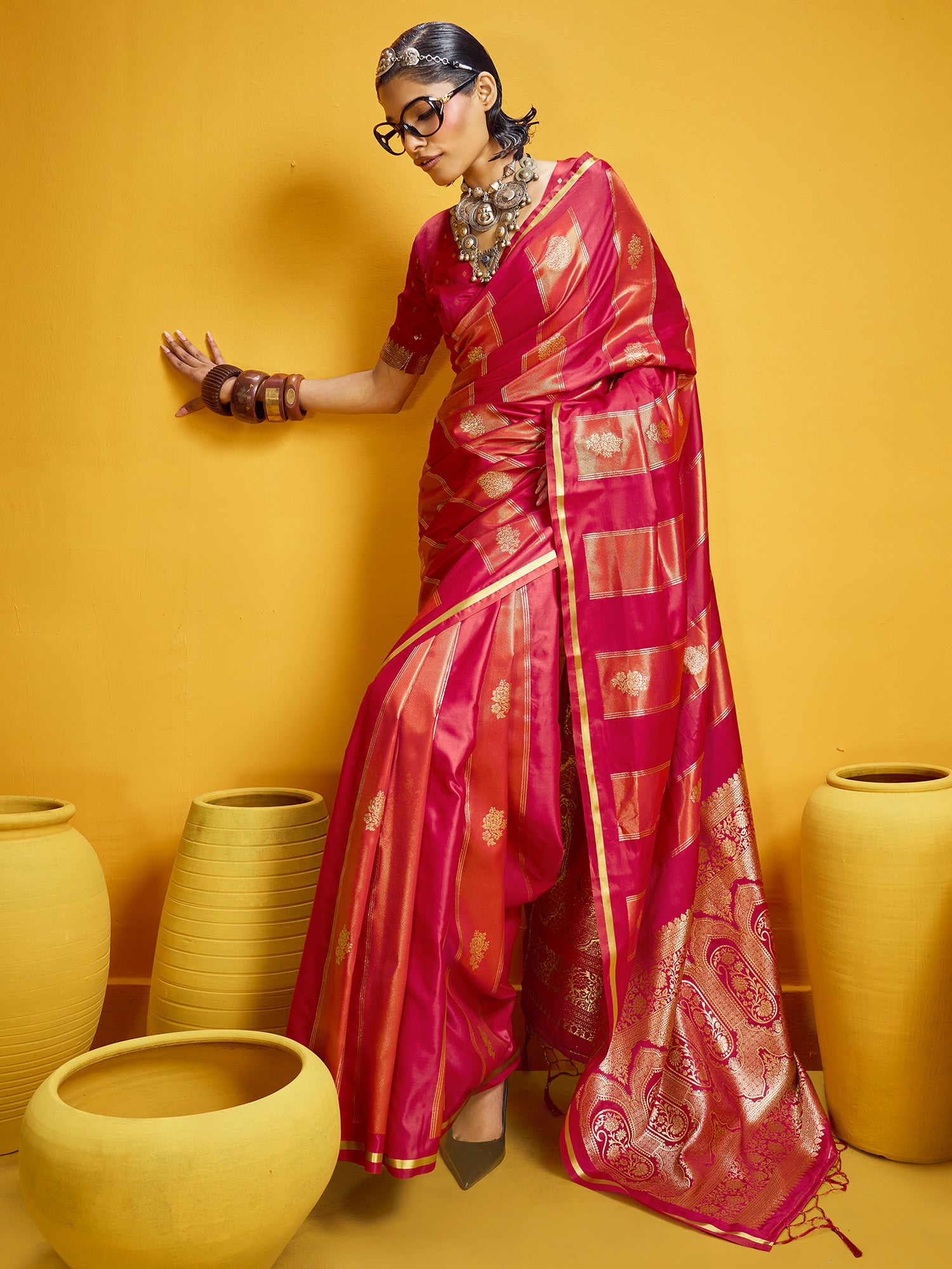 Women's Satin Red Woven Design Designer Saree With Blouse Piece