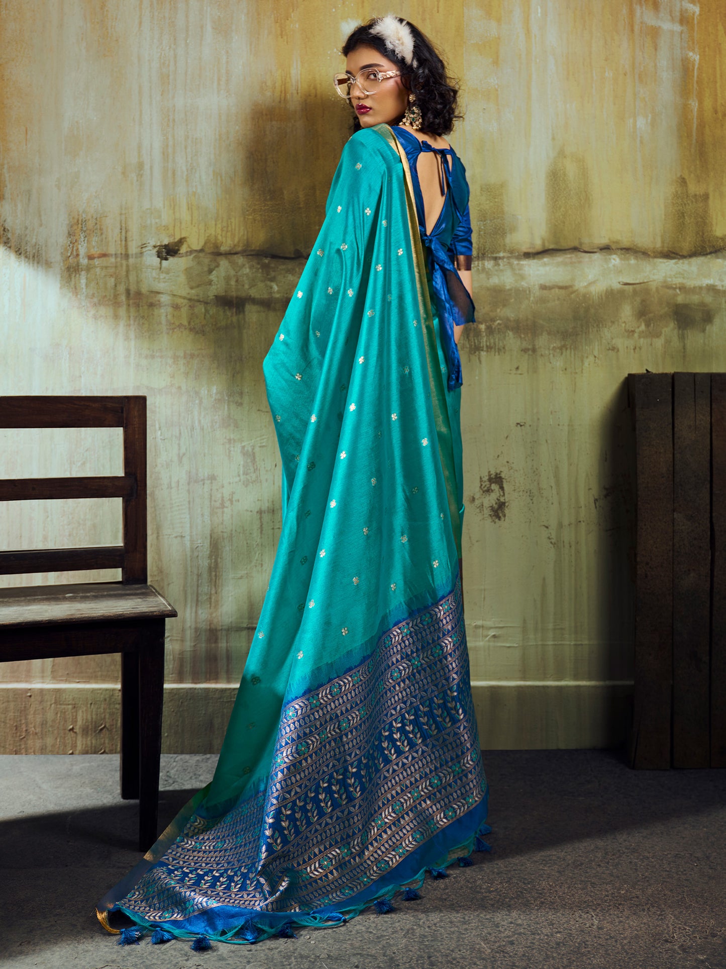 Women's Silk Blend Light Blue Woven Design Designer Saree With Blouse Piece